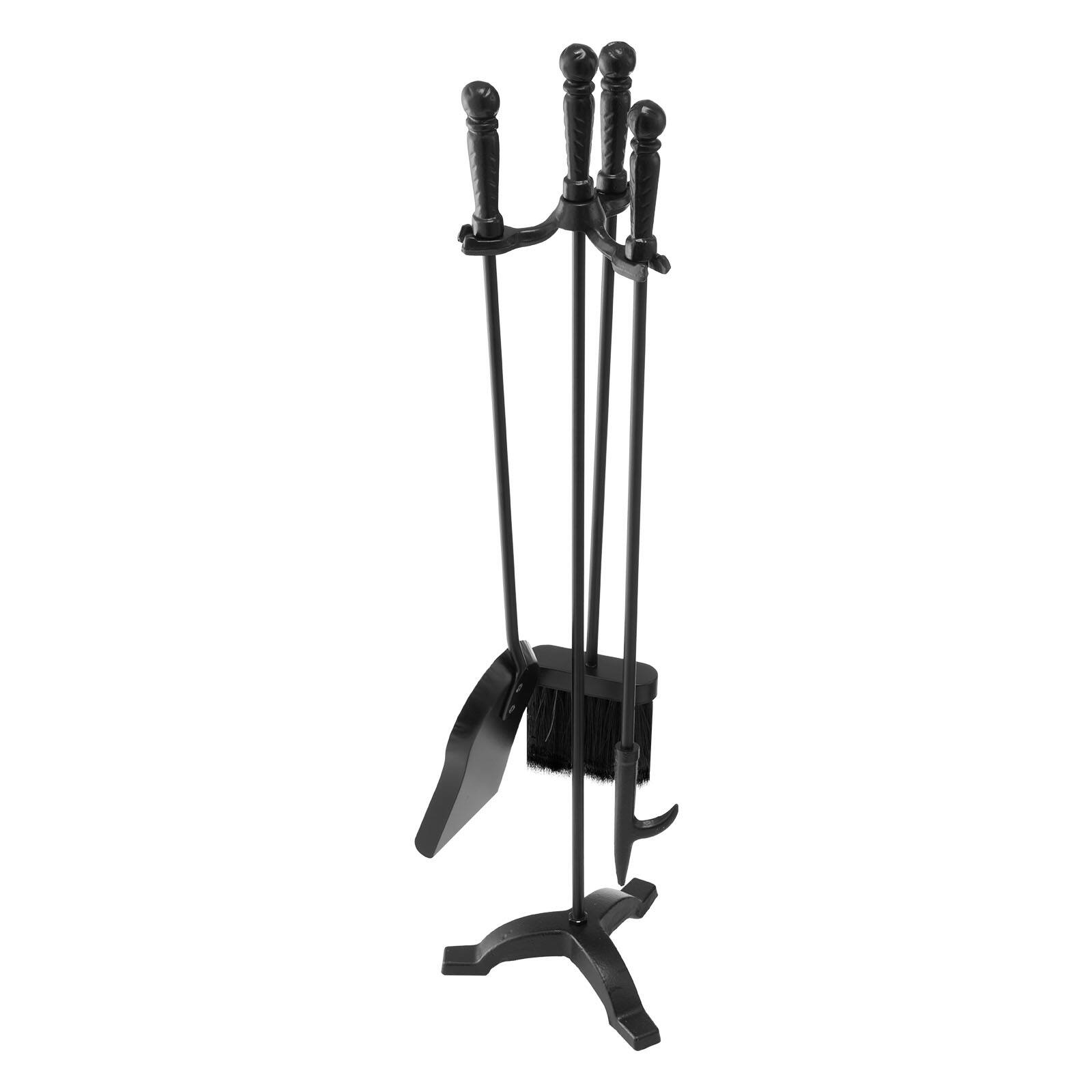 Front. VEVOR - Fireplace Tool Set, 4 PCS Fire Tool Set and Holder with Three-Prong Stand, Ash Shovel, Brush, Fire Place Poker - Black.