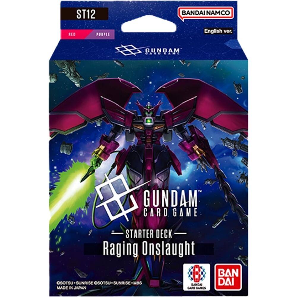 ST12  
BANDAI NAMCO  
RED  
PURPLE  
English ver.  
GUNDAM CARD GAME  
STARTER DECK Raging Onslaught  
OSOTSU SUNRISE OSOTSU SUNRISE MBS  
BANDAI MADE IN JAPAN  
CARD GAMES