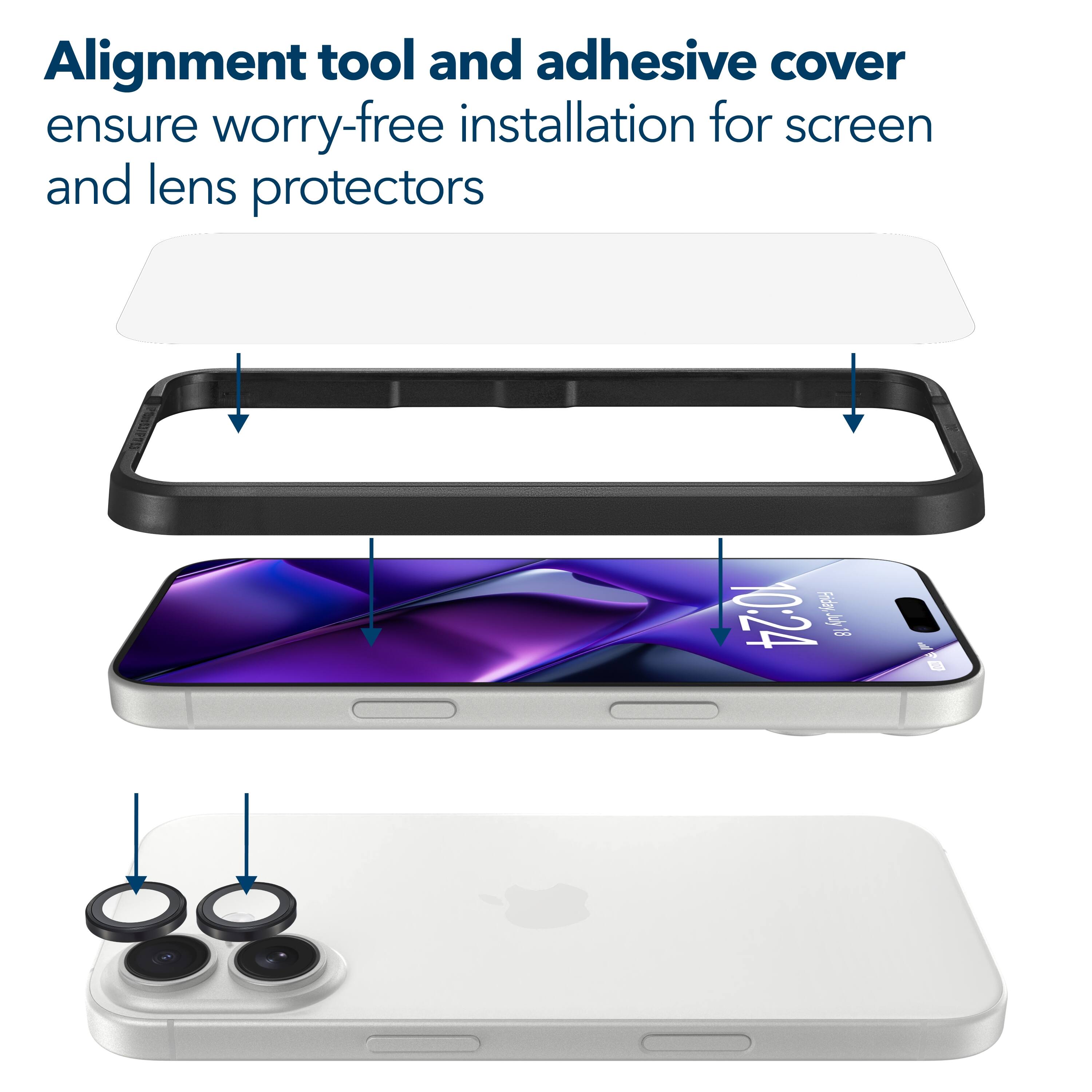 Alignment tool and adhesive cover ensure worry-free installation for screen and lens protectors