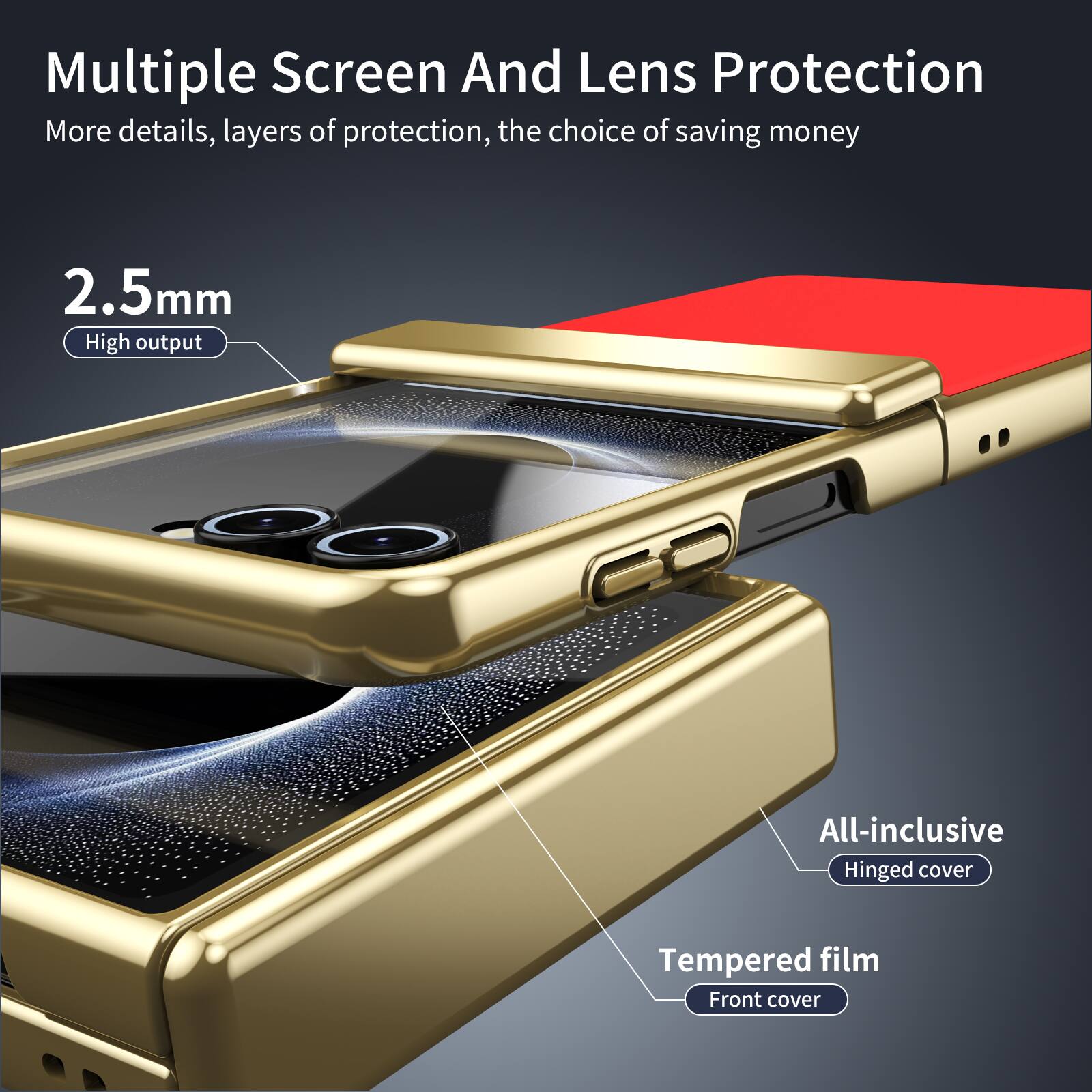 Multiple Screen And Lens Protection  
More details, layers of protection, the choice of saving money  

2.5mm  
High output  

All-inclusive  
Hinged cover  

Tempered film  
Front cover