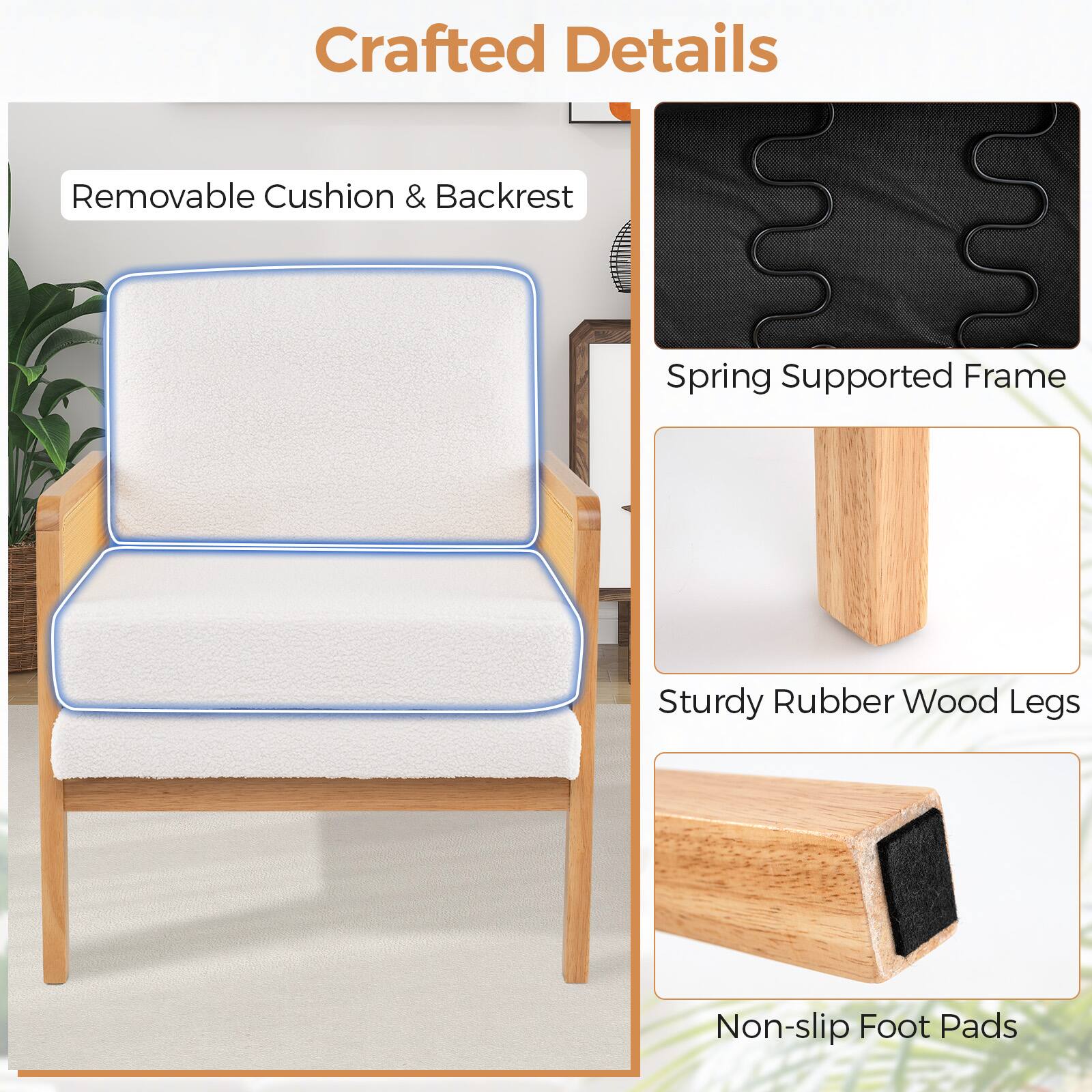 Crafted Details: Removable Cushion & Backrest, Spring Supported Frame, Sturdy Rubber Wood Legs, Non-slip Foot Pads.