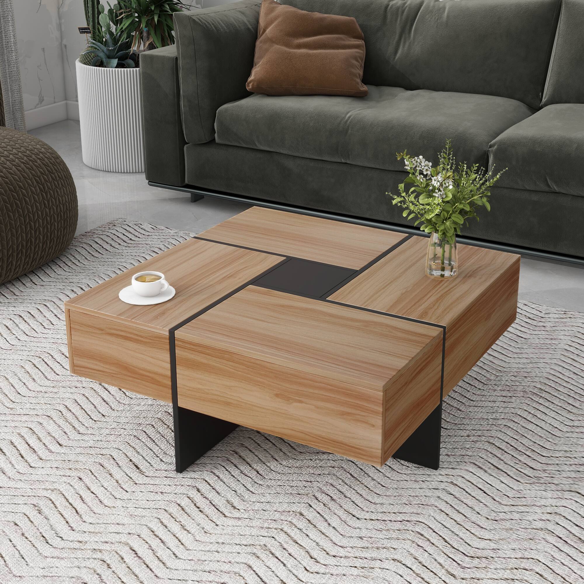 Angle. GOODSILO - Modern Extendable Square Coffee Table with Hidden Storage Compartments and Sliding Tabletop for Living Room - Brown.
