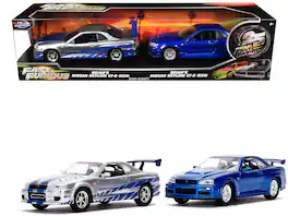 Brian's Nissan Skyline GT-R (BNR34) Silver with Blue and Nissan GT-R (BNR34) Blue Metallic 1/32 Model Cars by Jada