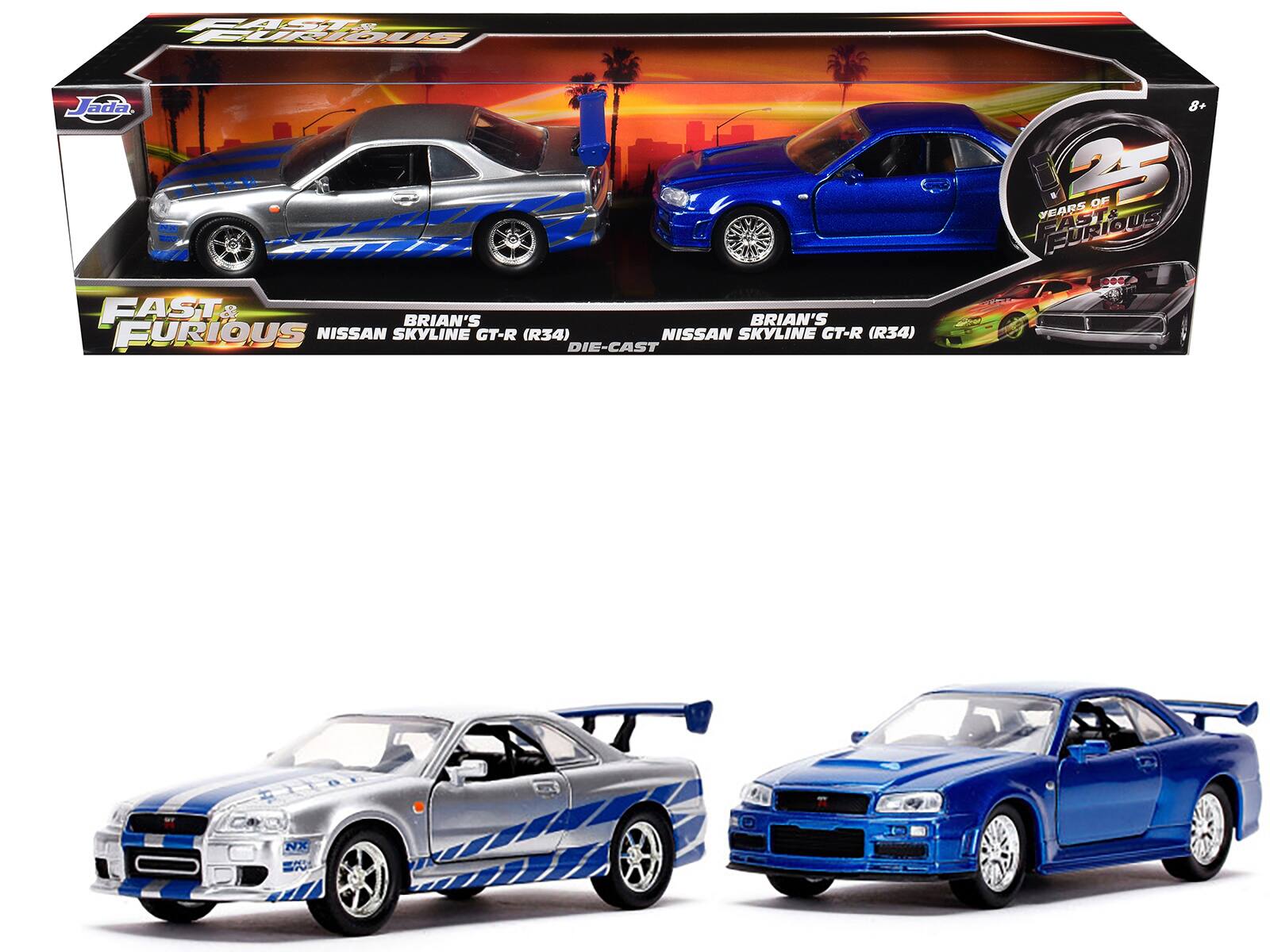 Brian's Nissan Skyline GT-R (BNR34) Silver with Blue and Nissan GT-R (BNR34) Blue Metallic 1/32 Model Cars by Jada