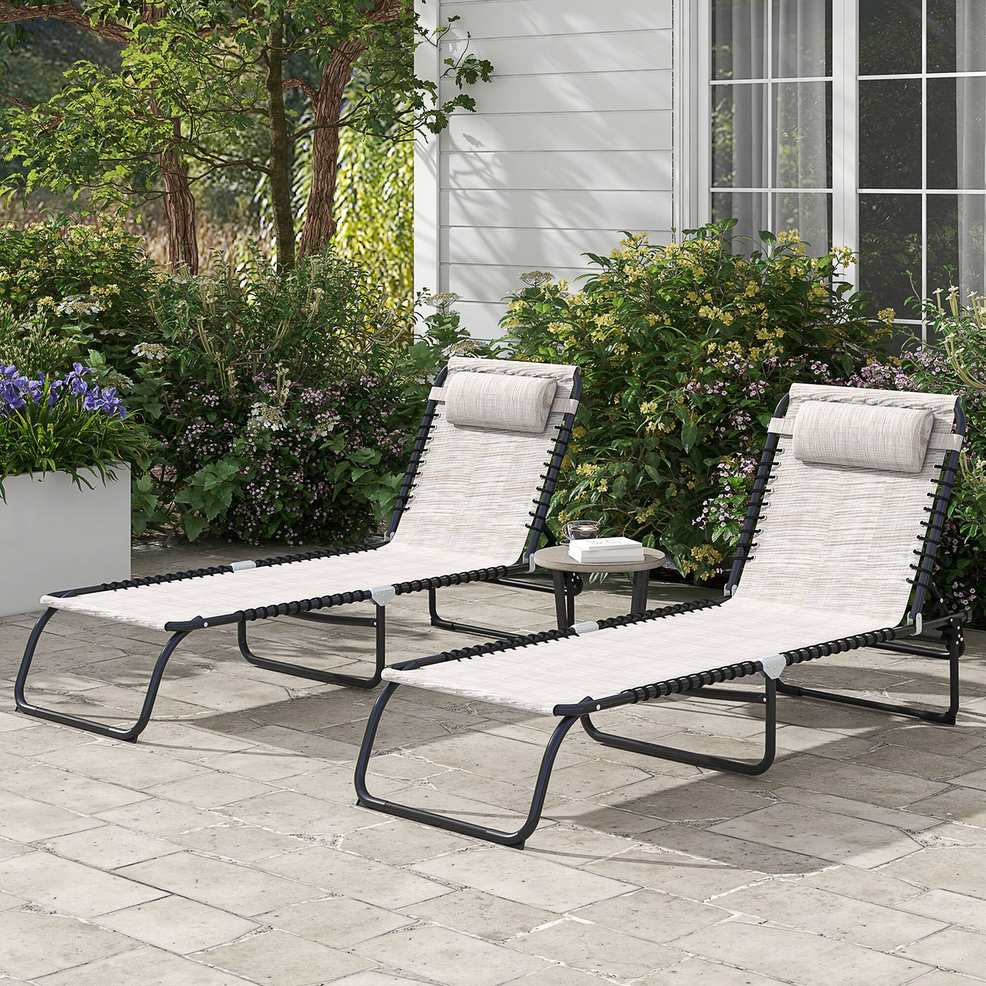 Alt View 1. Outsunny - Folding Chaise Lounge Chair Set of 2, Patio Sun Tanning Chair, Outdoor Chaise Lounger with 4-Position Reclining Back - Cream White.