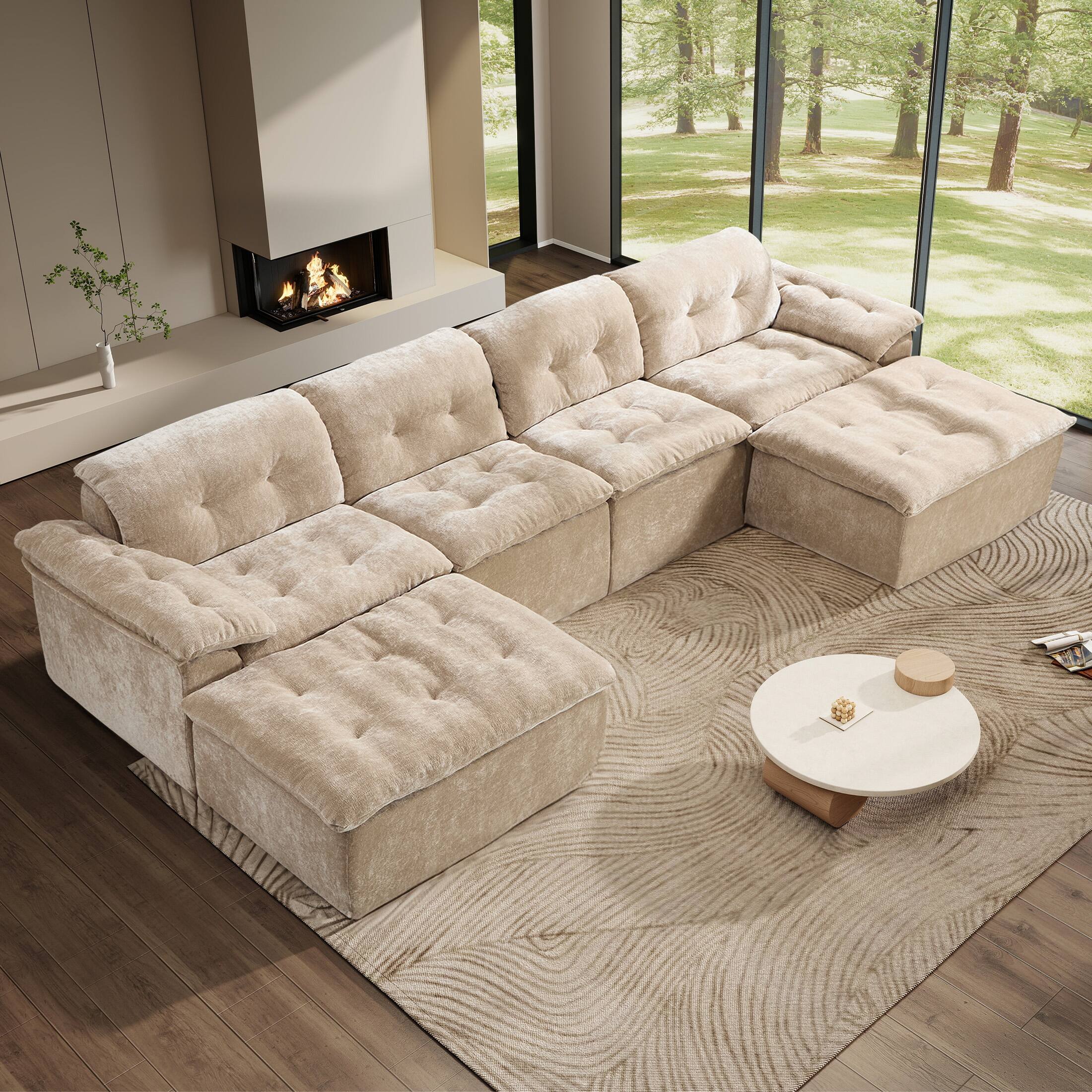 Angle. Anysun - Anysun 4-Seater Chenille Upholstery Modular Convertible Design Generous Seating Cushioned Sofa with 2 Versatile Ottomans - Coffee.