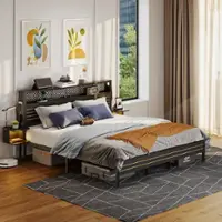 Bestier King Bed Frame Golden Stripe Headboard LED Nightstands Metal Platform No Box Spring - Black - Front_Zoom