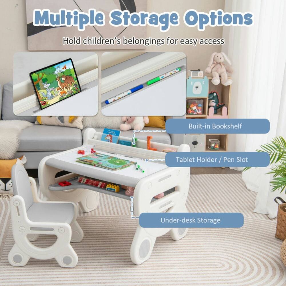 Multiple Storage Options  
Hold children's belongings for easy access  

- Built-in Bookshelf  
- Tablet Holder / Pen Slot  
- Under-desk Storage