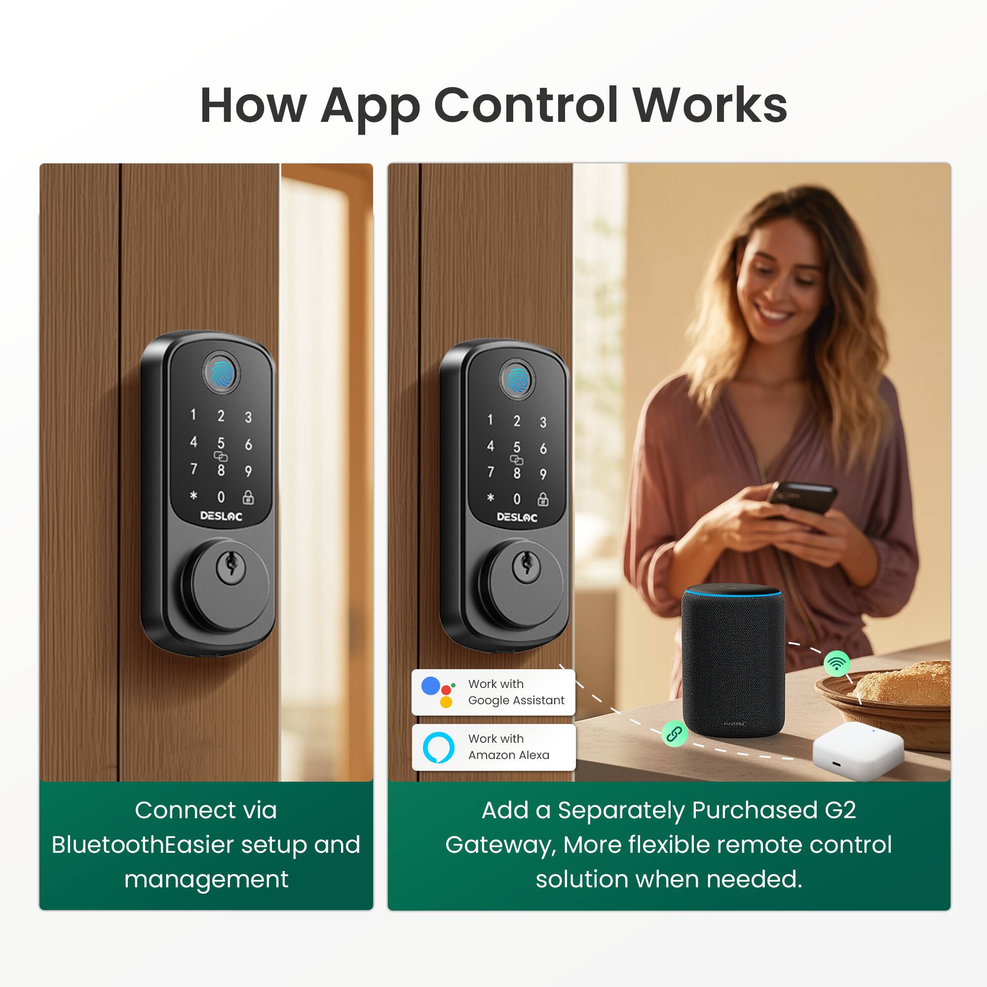 How App Control Works

1 2 3 4 5 6 C 7 8 9 * 0 DESLAC

1 2 3 4 5 6 7 8 9 * 0 DESLAC

Work with Google Assistant
Work with Amazon Alexa

Connect via Bluetooth
Easier setup and management

Add a Separately Purchased G2 Gateway, More flexible remote control solution when needed.