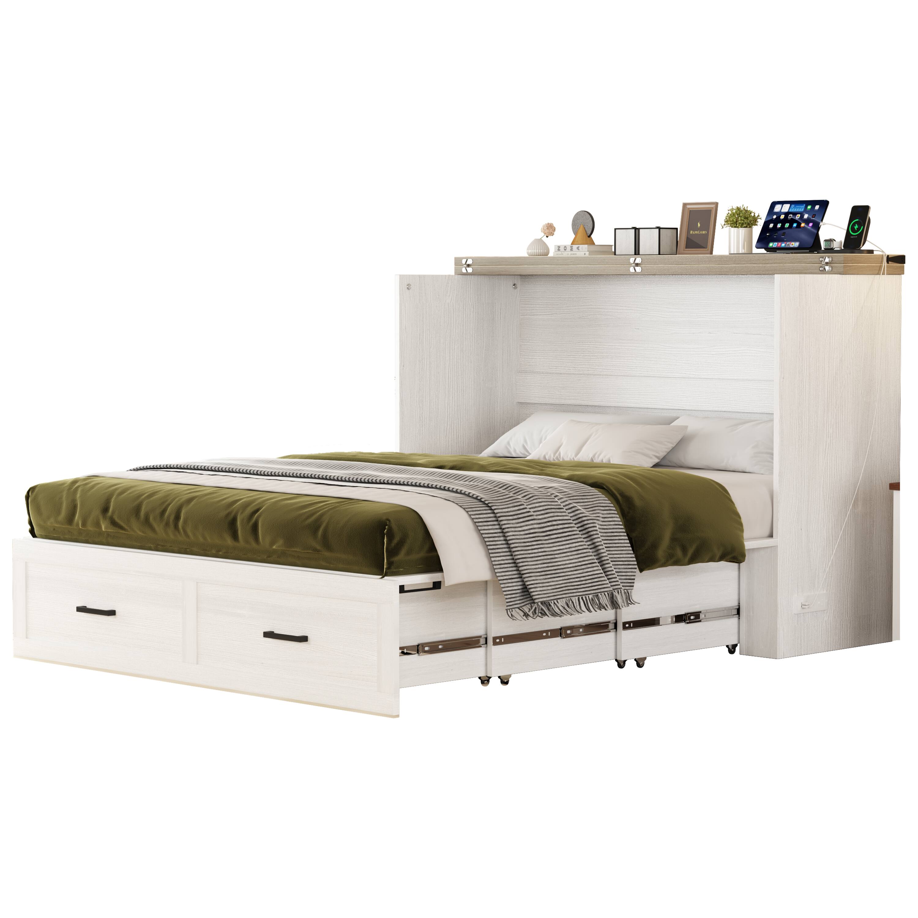 Alt View 2. Tiramisubest - Queen Size Murphy Cabinet Bed with Charging Station, Foldable Platform Bed with Large Storage Drawer, White - White.