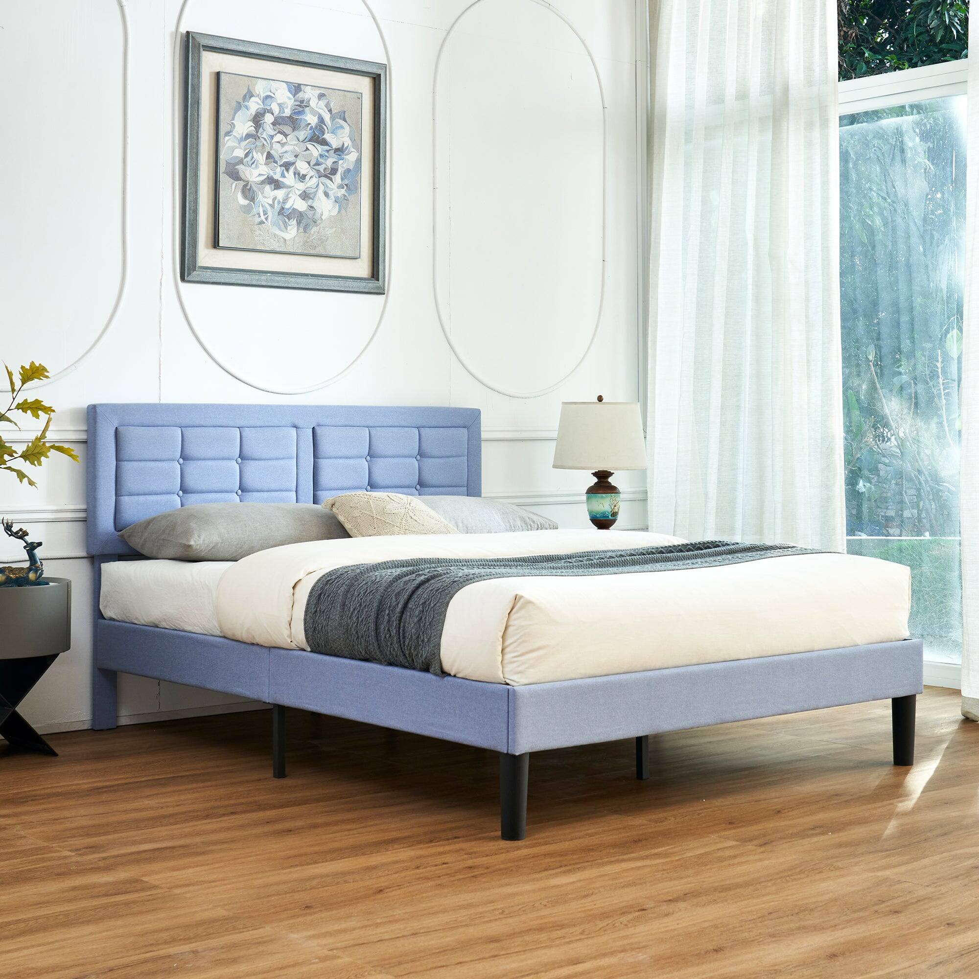 Vecelo Modern Full Upholstered Bed Frame with Adjustable Headboard ...