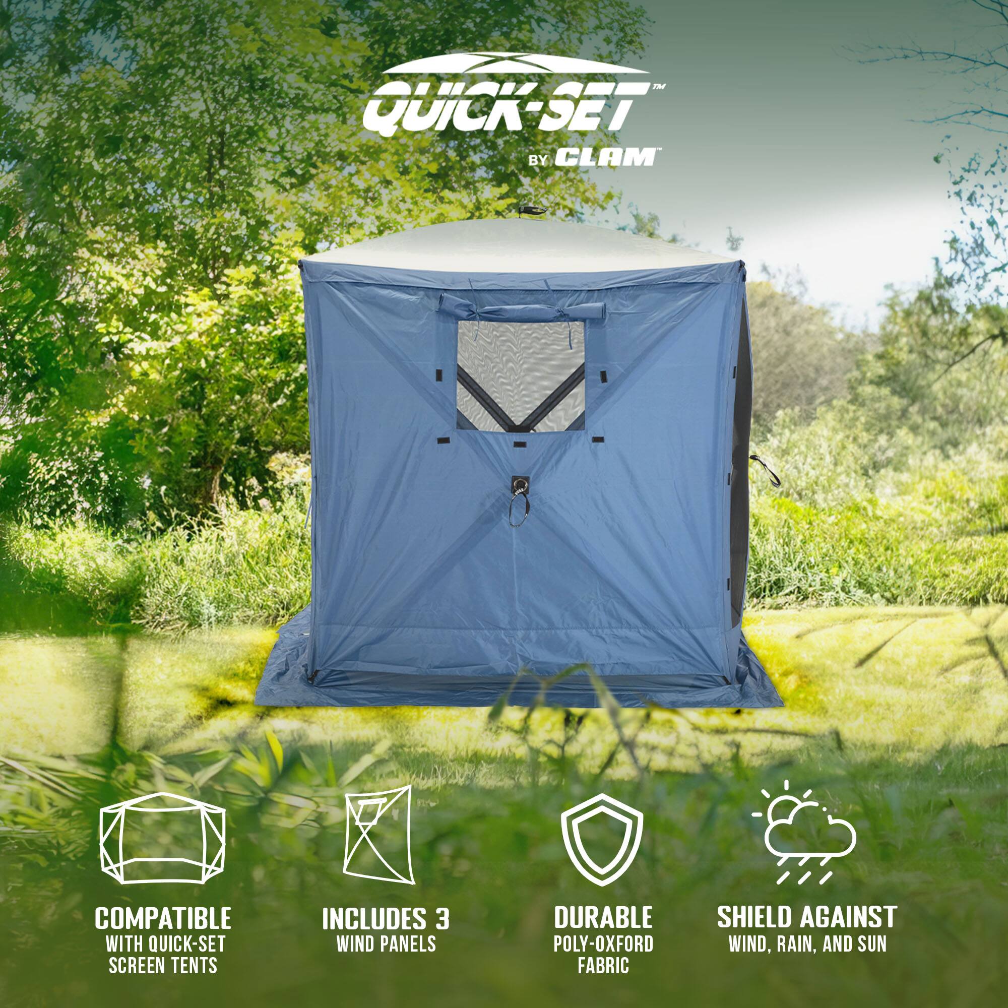 - QUICK-SET BY CLAM
- COMPATIBLE WITH QUICK-SET SCREEN TENTS
- INCLUDES 3 WIND PANELS
- DURABLE POLY-OXFORD FABRIC
- SHIELD AGAINST WIND, RAIN, AND SUN