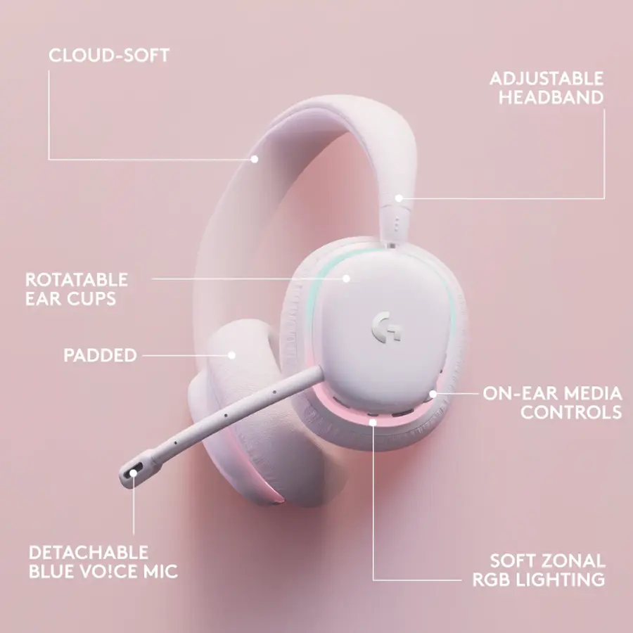 Cloud-soft adjustable headband, rotatable ear cups, padded, G on-ear media controls, detachable blue voice mic, soft zonal RGB lighting.