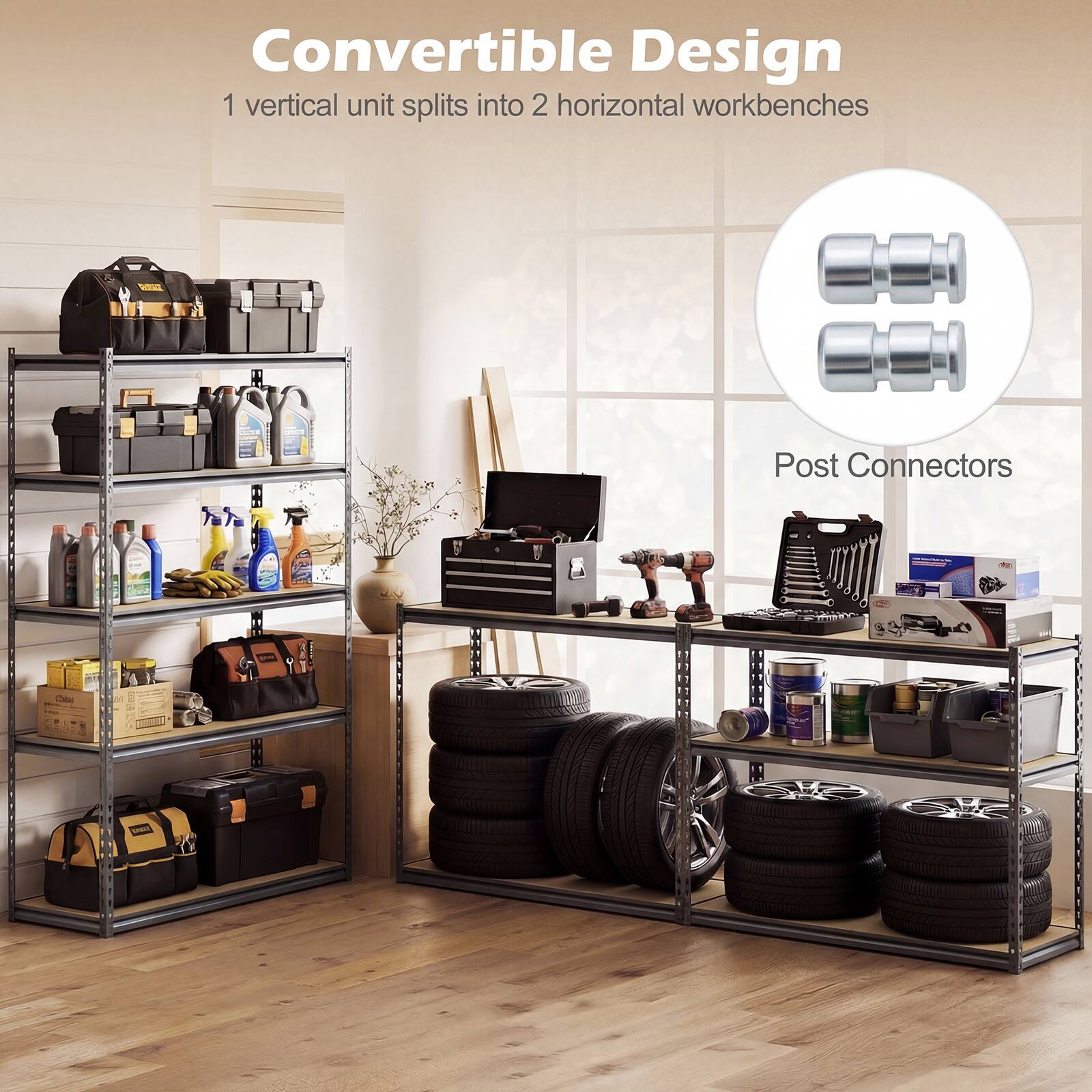 Convertible Design  
1 vertical unit splits into 2 horizontal workbenches  

Post Connectors