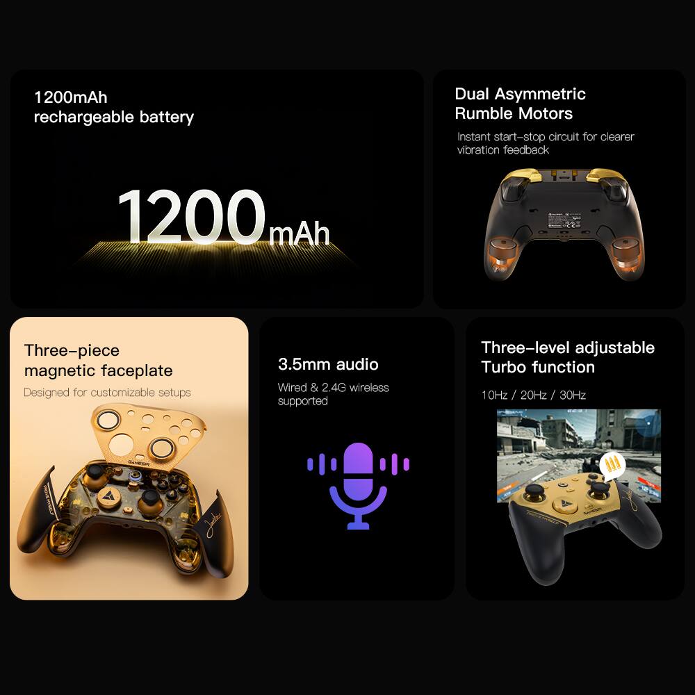 1200mAh rechargeable battery  
Dual Asymmetric Rumble Motors  
Instant start-stop circuit for clearer vibration feedback  
1200 mAh  
Three-piece magnetic faceplate  
Designed for customizable setups  
3.5mm audio  
Wired & 2.4G wireless supported  
Three-level adjustable Turbo function  
10Hz / 20Hz / 30Hz