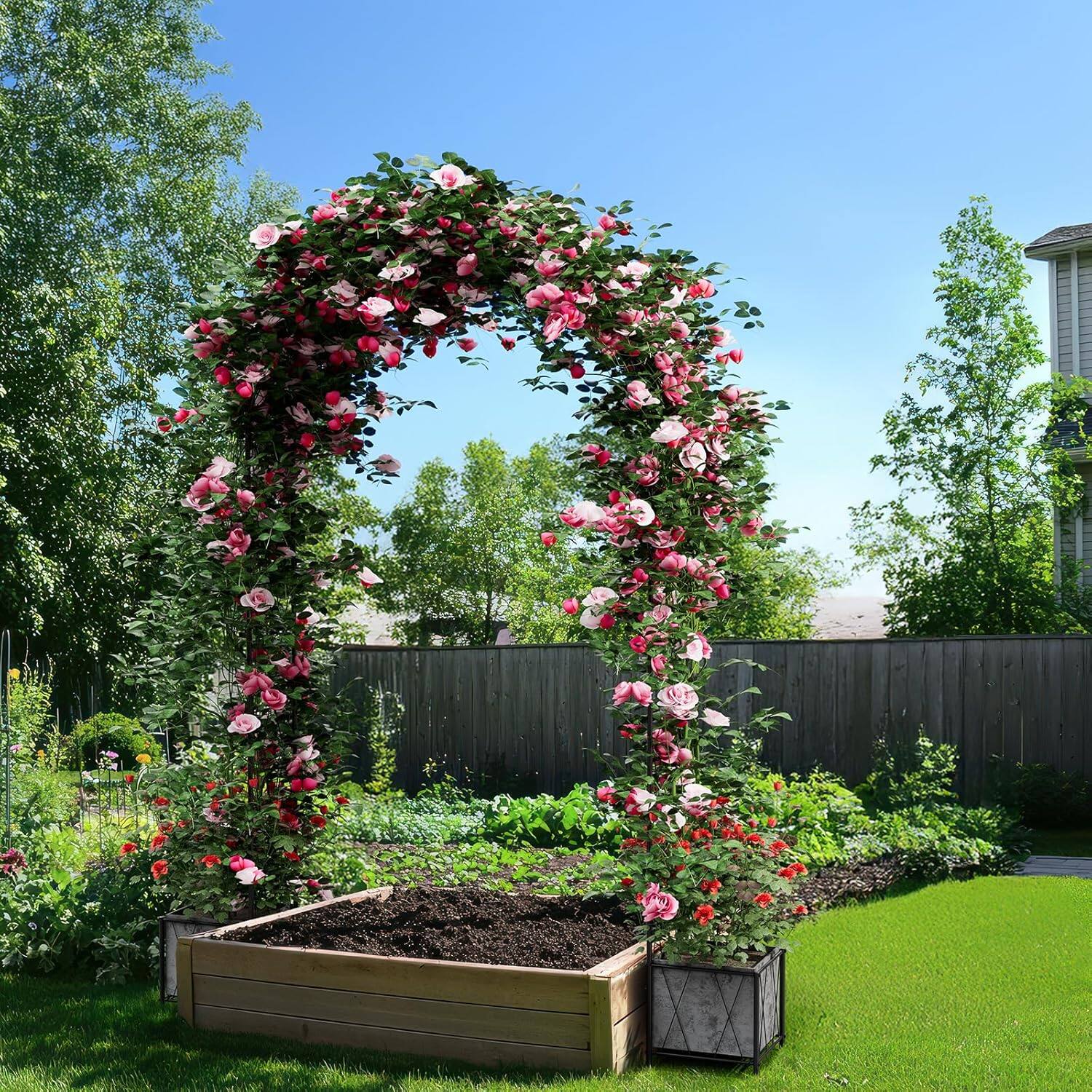 Alt View 2. Oumilen - Adjustable Garden Arch Trellis with Side Planter Baskets, Black Outdoor Arbor for Climbing Roses Vines Wedding Decor.