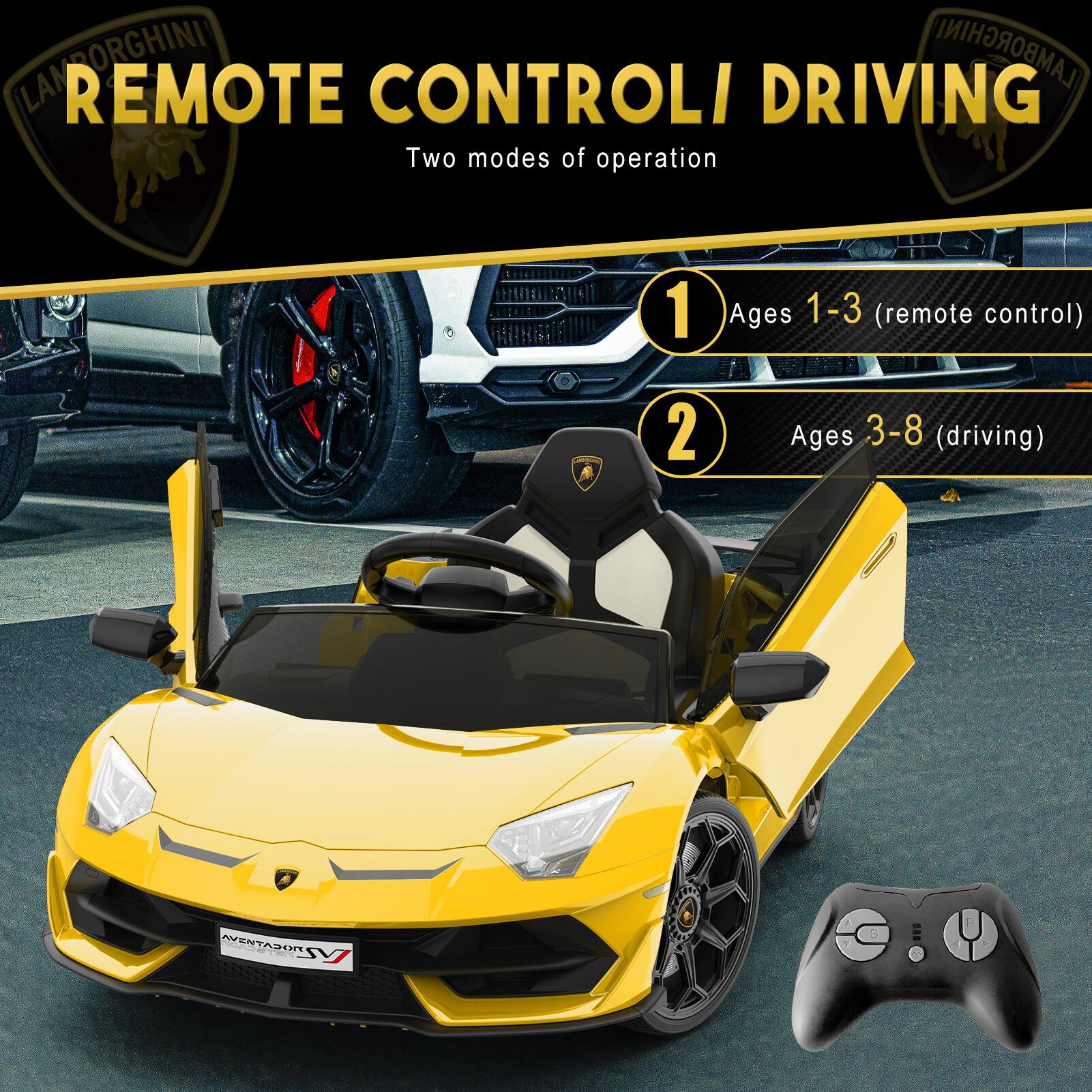 LAMBORGHINI  
REMOTE CONTROL / DRIVING  
Two modes of operation  

1. Ages 1-3 (remote control)  
2. Ages 3-8 (driving)  

NENTASO | SSV 111