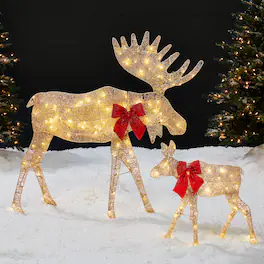 Best Choice Products - 4ft 2-Piece Lighted 2D Christmas Moose Set Outdoor Decor w/ 125 LED Lights, Stakes - Gold