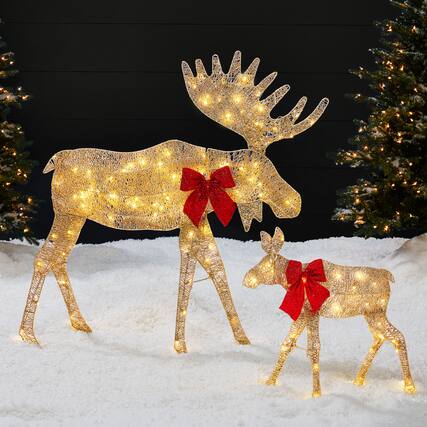 Front. Best Choice Products - Best Choice Products 4ft 2-Piece Lighted 2D Christmas Moose Set Outdoor Decor w/ 125 LED Lights, Stakes - Gold - Gold.