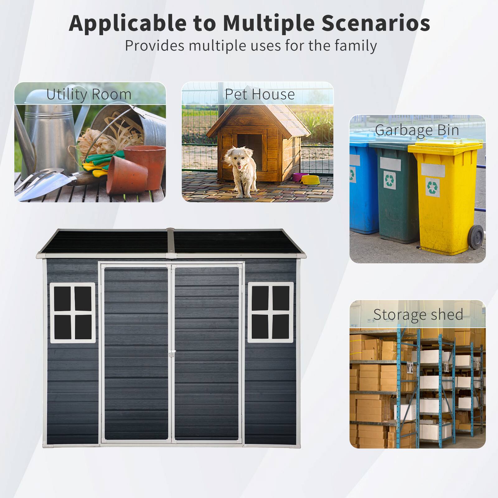 Applicable to Multiple Scenarios  
Provides multiple uses for the family  

- Utility Room  
- Pet House  
- Garbage Bin  
- Storage shed
