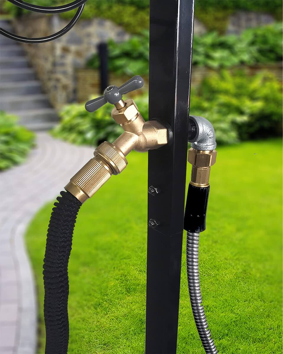 Back. JETRANSPORT - Freestanding Garden Hose Holder Stake With Brass Faucet  Heavy Duty Metal Water Pipe Storage Stand Rack For Ou - Model 1 With Faucet.