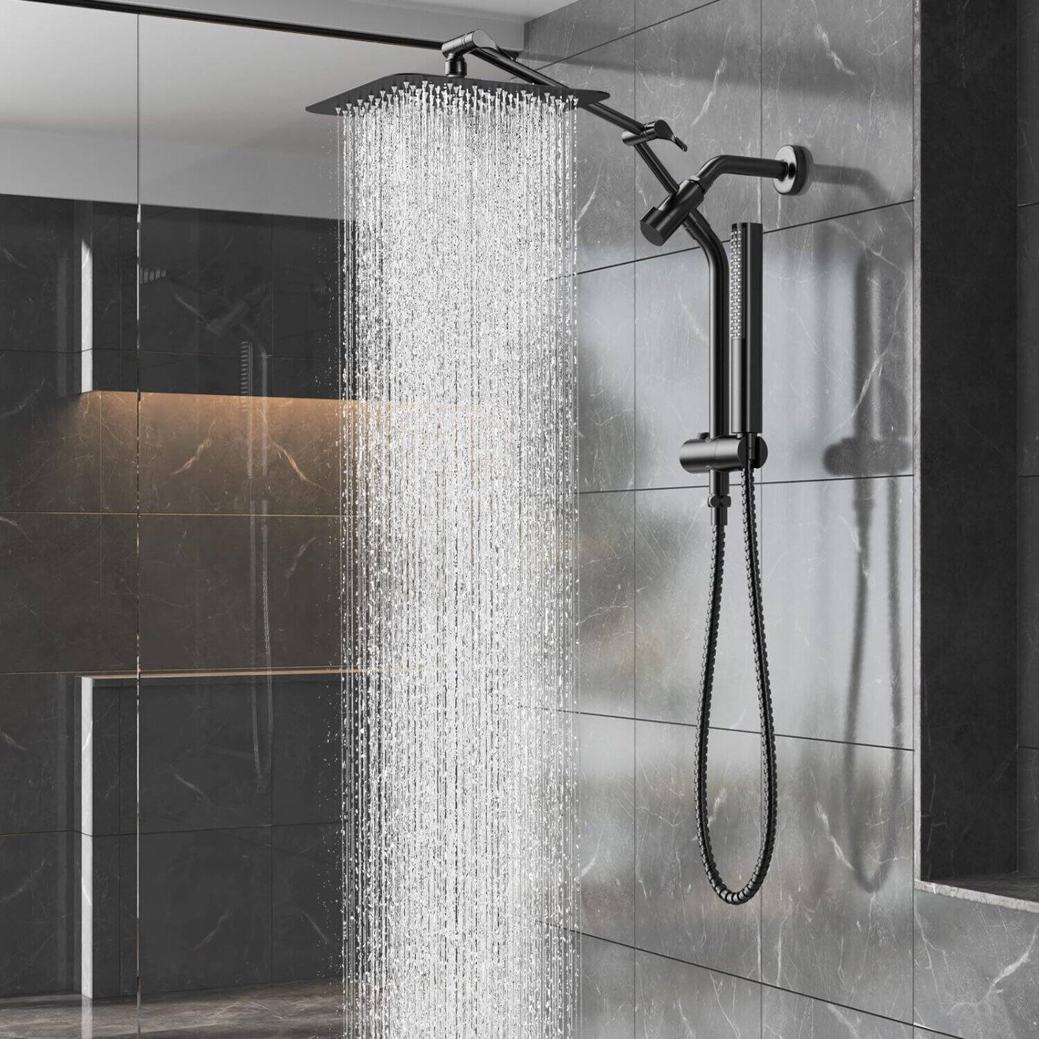 Front. Dazzed Corner - 10" Metal Rain Shower Head with Handheld Spray Combo - Matte Black.
