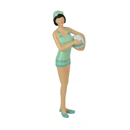 Front. Fancy That - Brunette Bathing Beauty Figurine – Hand-Painted Striped Swimsuit, Coastal Charm - Multicolored.