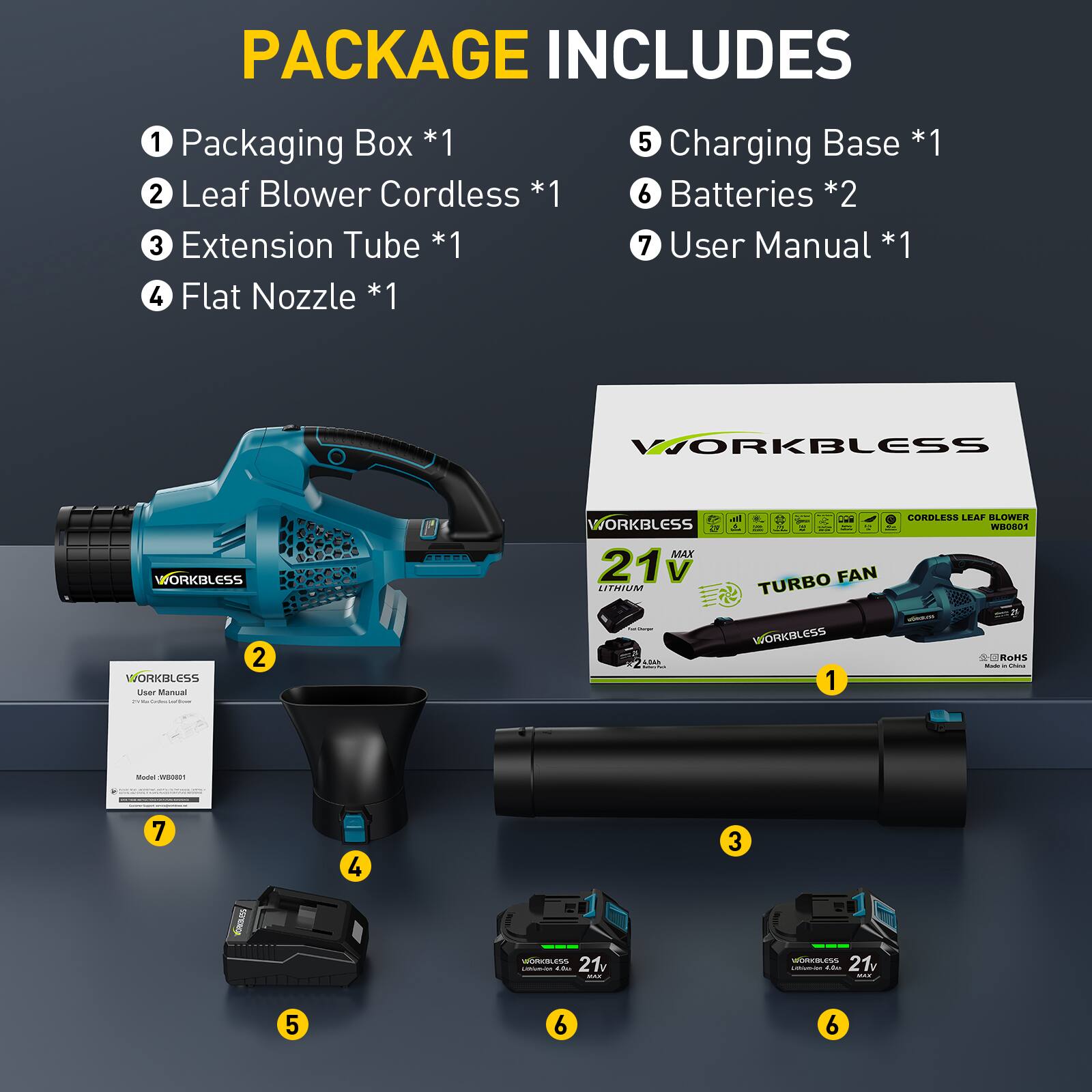 PACKAGE INCLUDES

1. Packaging Box *1
2. Leaf Blower Cordless *1
3. Extension Tube *1
4. Flat Nozzle *1
5. Charging Base *1
6. Batteries *2
7. User Manual *1

WORKBLESS 21V LITHIUM TURBO FAN

User Manual

WORKBLESS
Model: WB0981