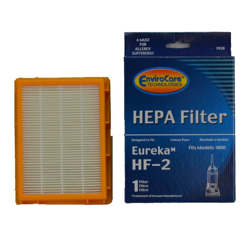 A MUST FOR ALLERGY SUFFERERS!!  
F938 EnviroCare TECHNOLOGIES  
HEPA Filter  
Designed to Fit: Eureka* HF-2  
Conçu Pour:  
Diseñado a Medida:  
Fits Models: 4800  
1 Filter  
1 Filtro  
1 Filtre  
*Trademark of Vacuum Manufacturer