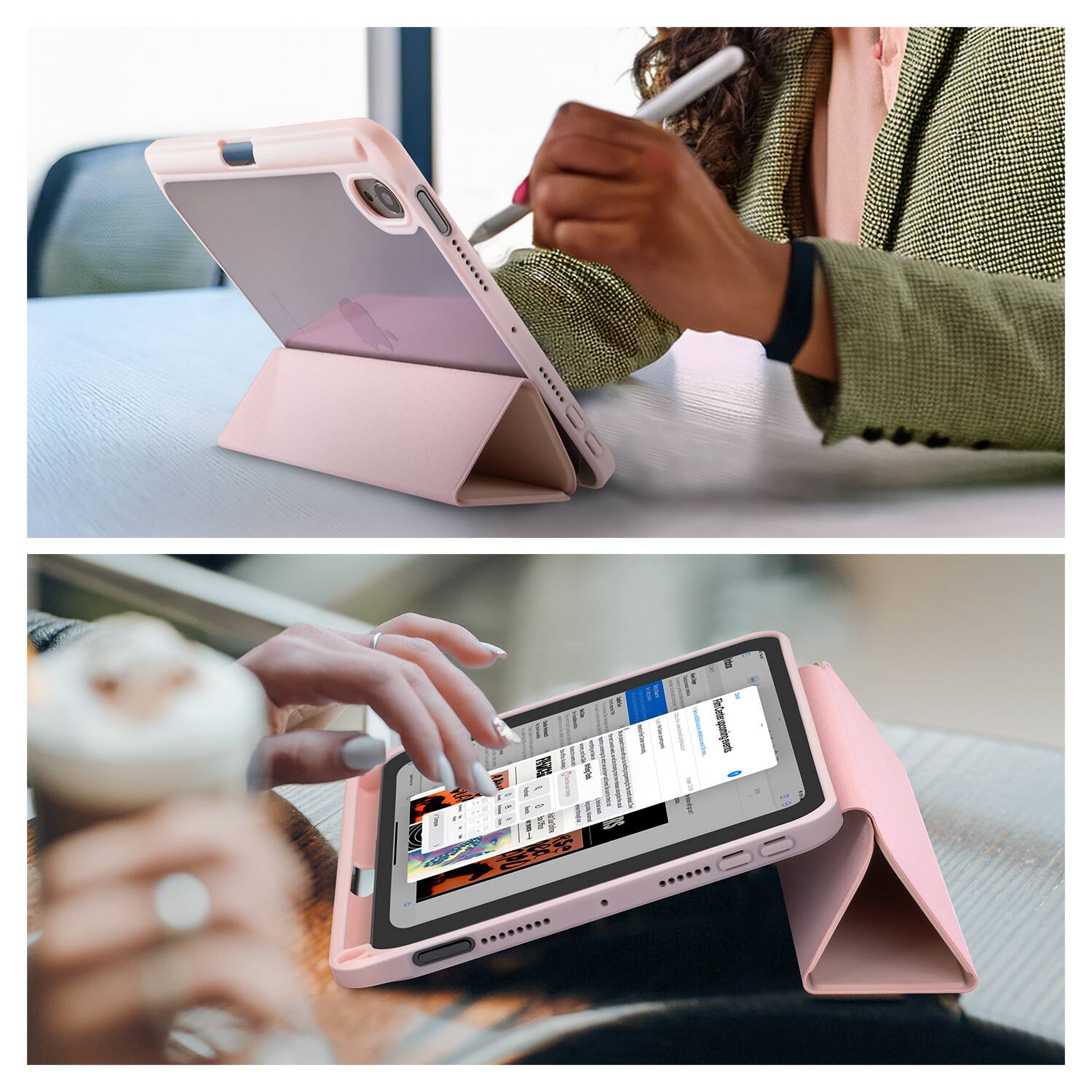 The text in the image is not clearly readable, but it appears to be related to a product description or advertisement for a tablet stand. Here is a possible grouping and correction based on the visible elements:

---

**Top Image:**
- A person using a stylus on a tablet in a stand.

**Bottom Image:**
- A person interacting with a tablet in a stand, showing a screen with a form or document.

**Text:**
- "EASY TO USE"
- "STABLE AND SECURE"
- "PORTABLE AND COMPACT"
- "SUITABLE FOR ALL TABLETS"

---

This is a general interpretation based on common features of tablet stands and the visible context. The exact text may vary.