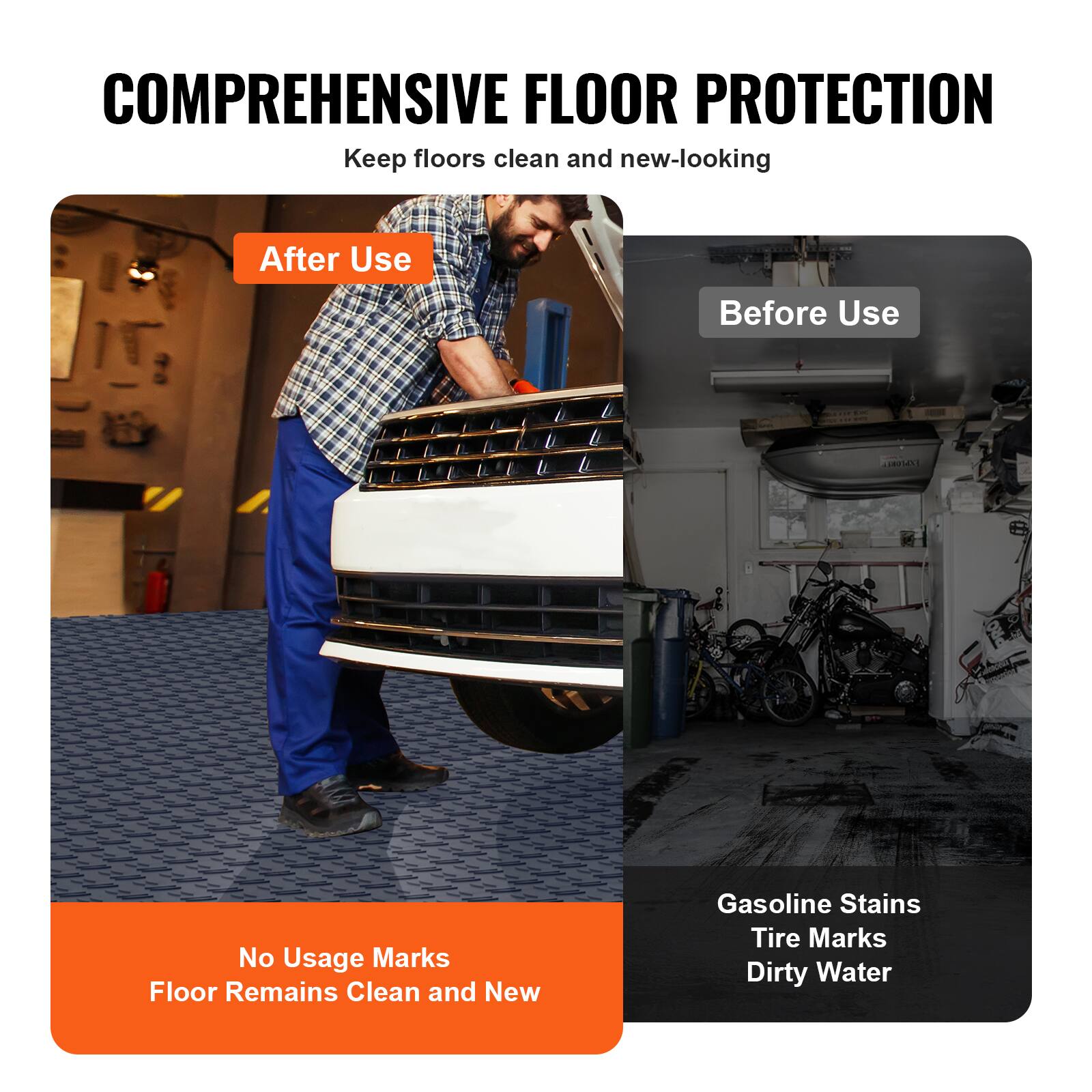 COMPREHENSIVE FLOOR PROTECTION  
Keep floors clean and new-looking

After Use  
No Usage Marks  
Floor Remains Clean and New

Before Use  
Gasoline Stains  
Tire Marks  
Dirty Water