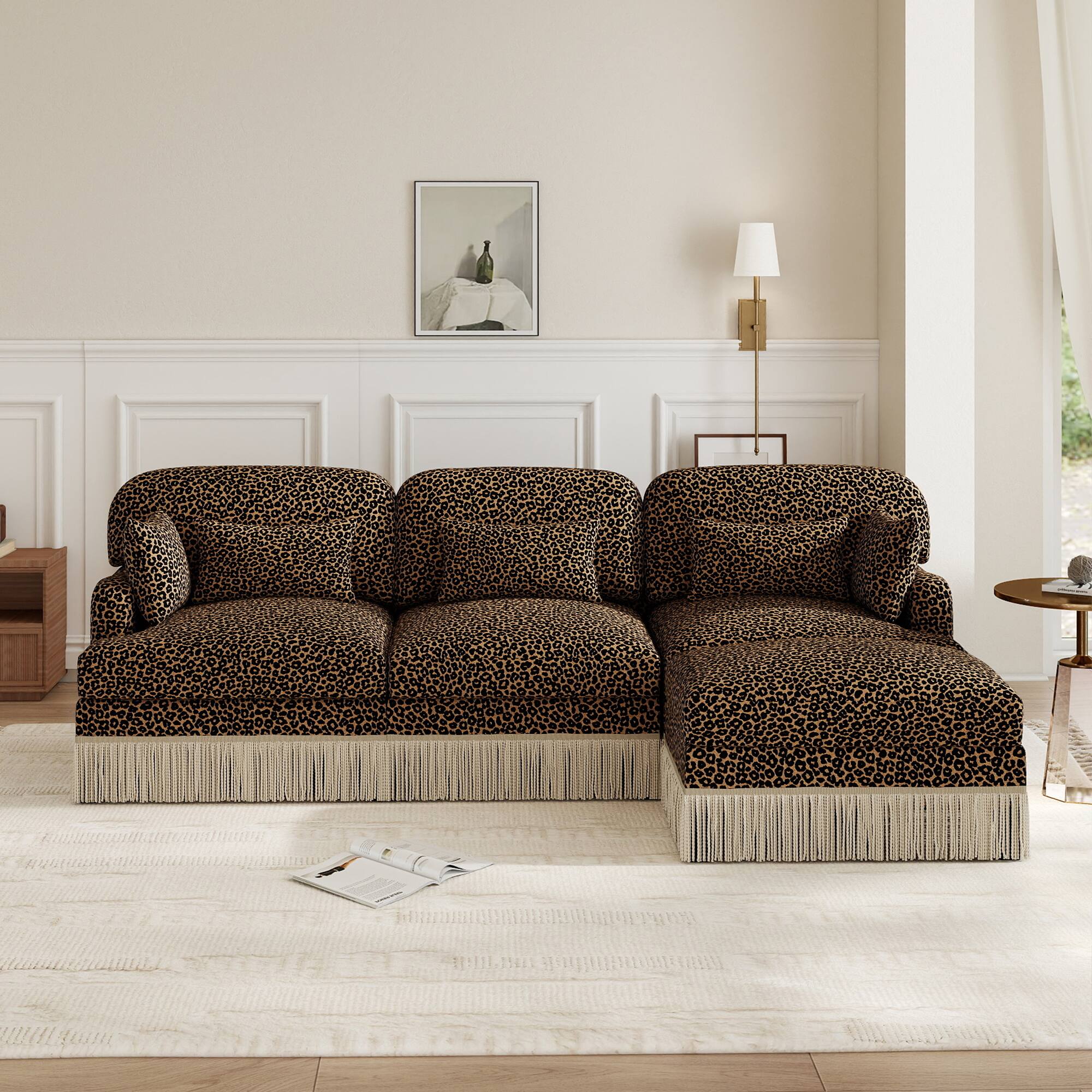Front. Anysun - Modern Fashion Style L-Shaped Chenille Leopard Print Sofa with Movable Ottoman & Tassel Edge, Easy Assembly, Deep Seat - Brown.