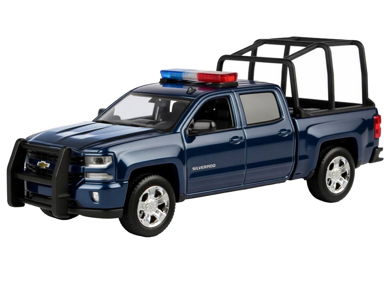 Alt View 1. Motormax - 2017 Chevrolet Silverado 1500 LT Z71 Crew Cab Truck with Bed Cage Dark Blue w/Lights & Sounds 1/27 Model Car by Motormax.