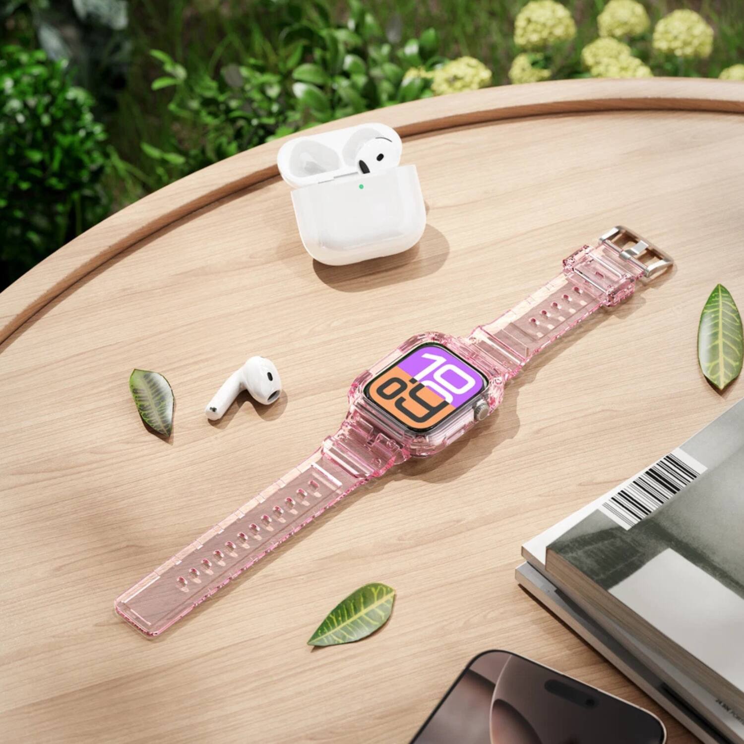 Left. Stock Preferred - TPU Sport Band for Apple Watch Series 10 (46mm) - Clear Pink - Clear Pink.