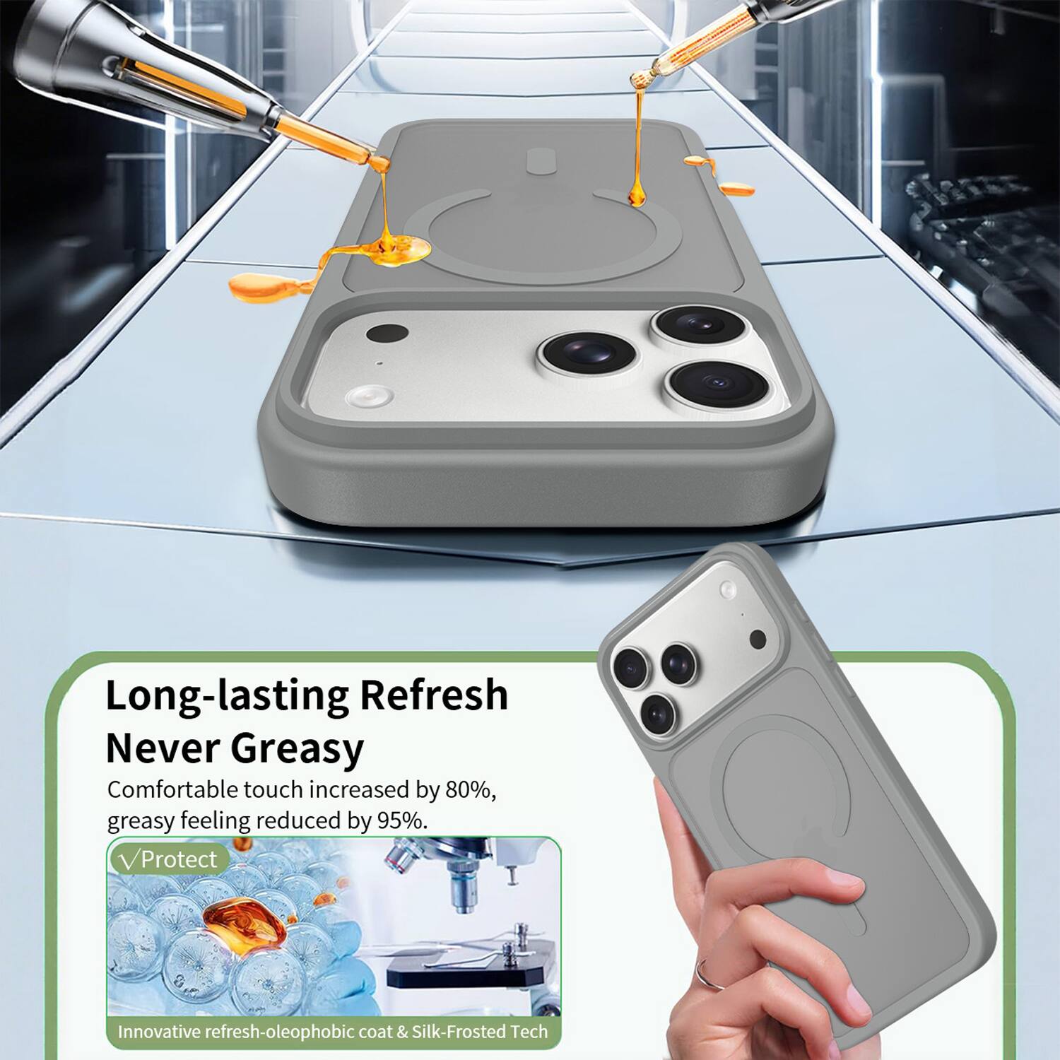 Long-lasting Refresh  
Never Greasy  
Comfortable touch increased by 80%, greasy feeling reduced by 95%.  
Protect  
Innovative refresh-oleophobic coat & Silk-Frosted Tech