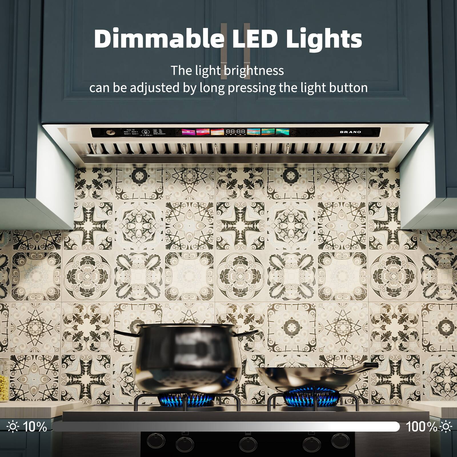 Dimmable LED Lights

The light brightness can be adjusted by long pressing the light button

10% 100%