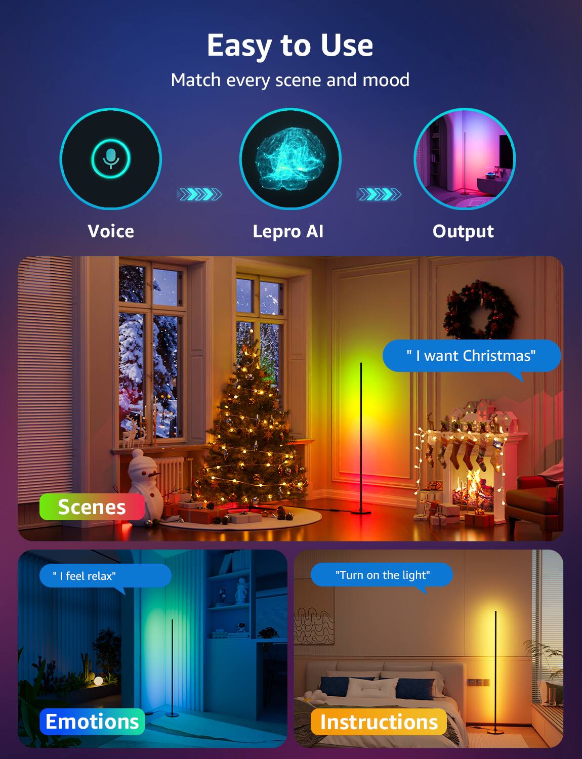 Easy to Use  
Match every scene and mood

- Voice
- Lepro AI
- Output

Scenes  
"I want Christmas"

Emotions  
"I feel relax"

Instructions  
"Turn on the light"