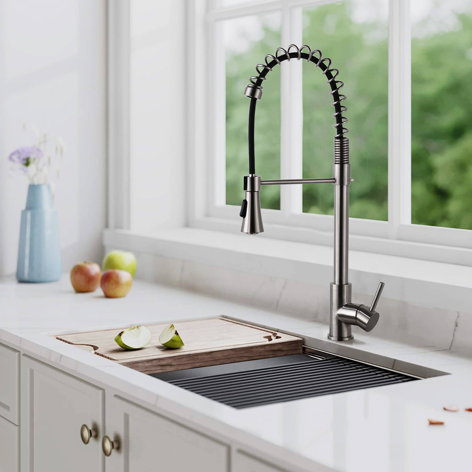 Alt View 5. Siljoy - Brushed Nickel Single Handle Commercial Modern Spring High Arc Kitchen Faucet Water Filter System Bends as You Want - Brushed Nickel.