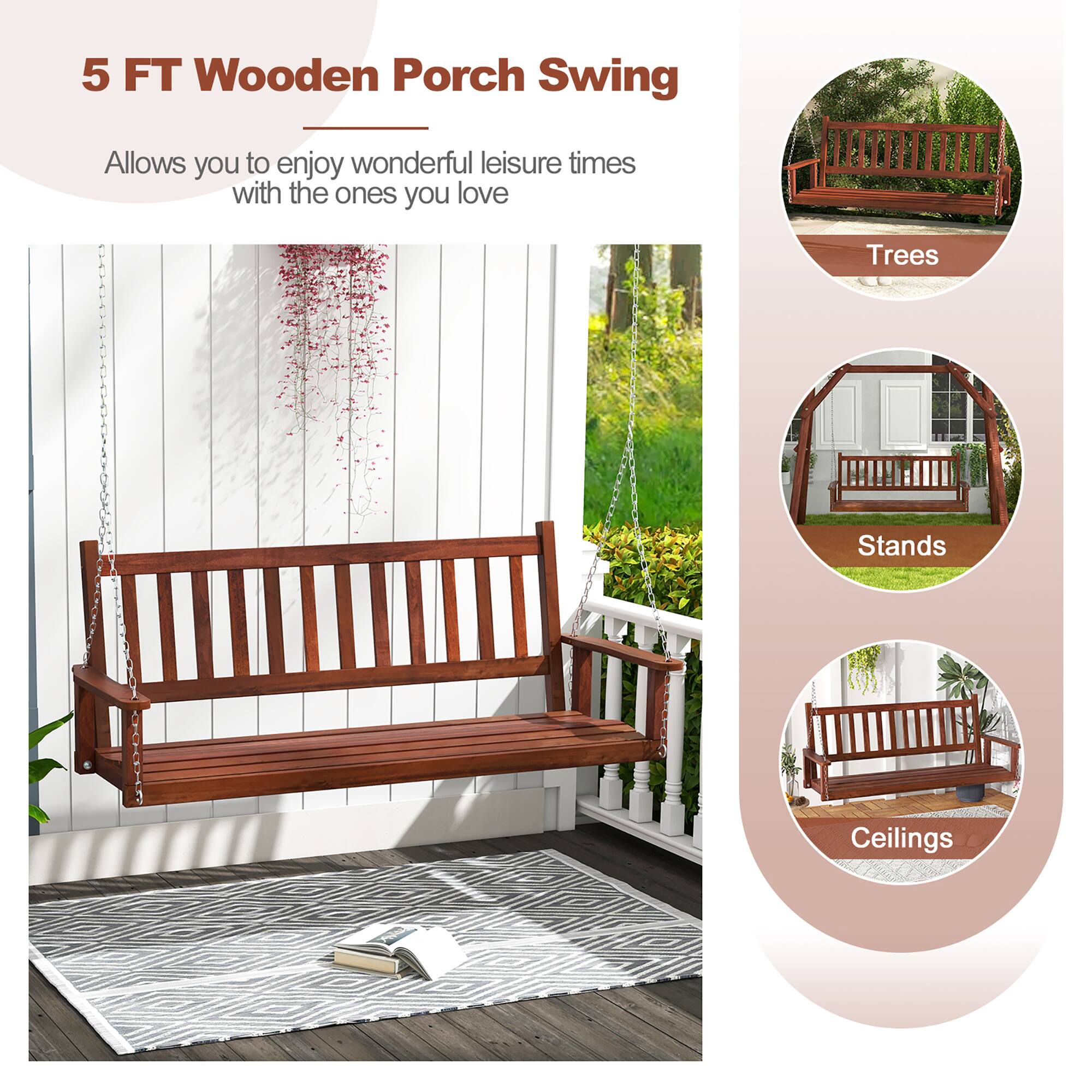 5 FT Wooden Porch Swing

Allows you to enjoy wonderful leisure times with the ones you love

Trees  
Stands  
Ceilings