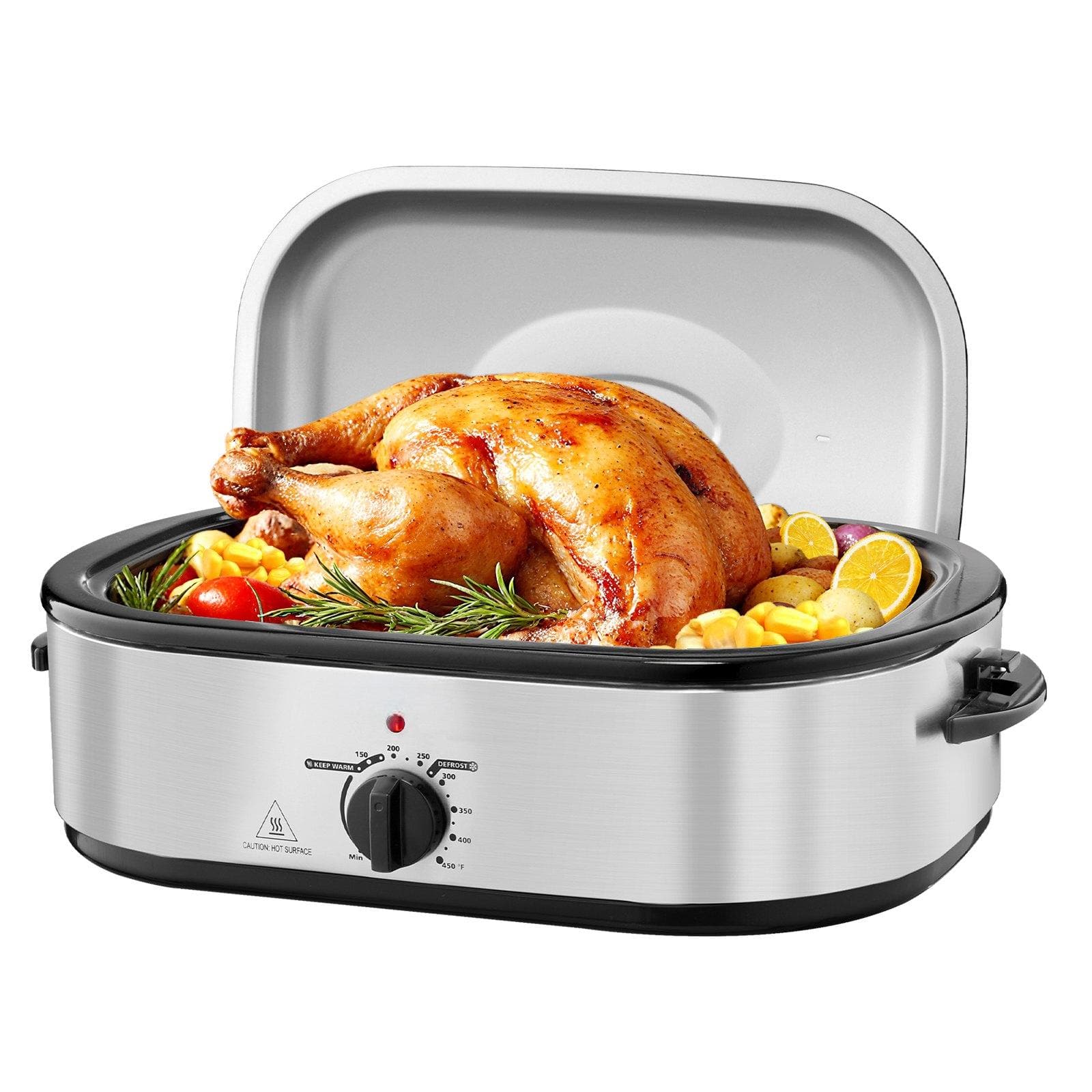 Glintex - 14QT Roaster Oven Electric Turkey Roaster 150-450℉ Adjustable Temp with Self-Basting Lid and Rack - Silver
