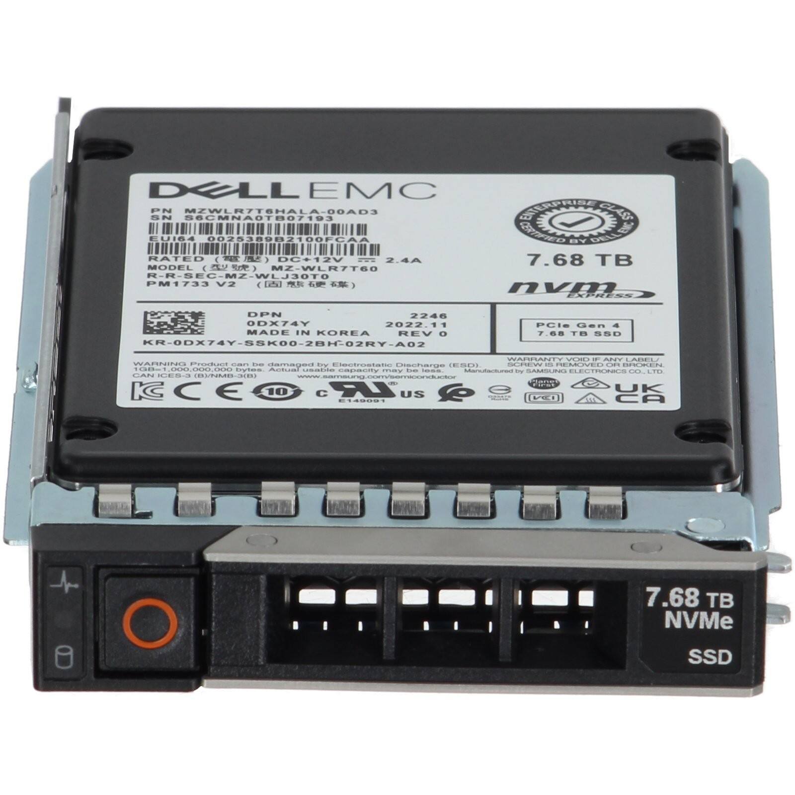 DELL EMC  
PN: MZWLR7TSHALA-00AD3  
CRPRISE  
ELAC  
SN: ECMNAOTB07193  
EN: CEPTEEO  
TUIna: 002538082100FCAA  
8T  
DELL  
RATED: 2 S ME DC+2V  
2.44  
7.68 TB  
MODEL: MZ-WLR7T60  
R-R-SEC-MZ-WLJ30TO  
WLJJOTO  
PM1733 V2  
nvm EXPRESS  
DPN: 2248  
ODXT4Y  
MADE IN KOREA  
REV: O  
KR-ODX74Y-55K00-2BH-02RY-A02  
PCls Gen 4  
7.6m TB SSD  
WARRANTY: MONC - APET  
LADEL  
WARNING: Prescuct C  
De Elentrostatio Discharge E010  
SCREW REMOVAL  
CREN: 110851.0  
DOO.DOO  
trytem  
A