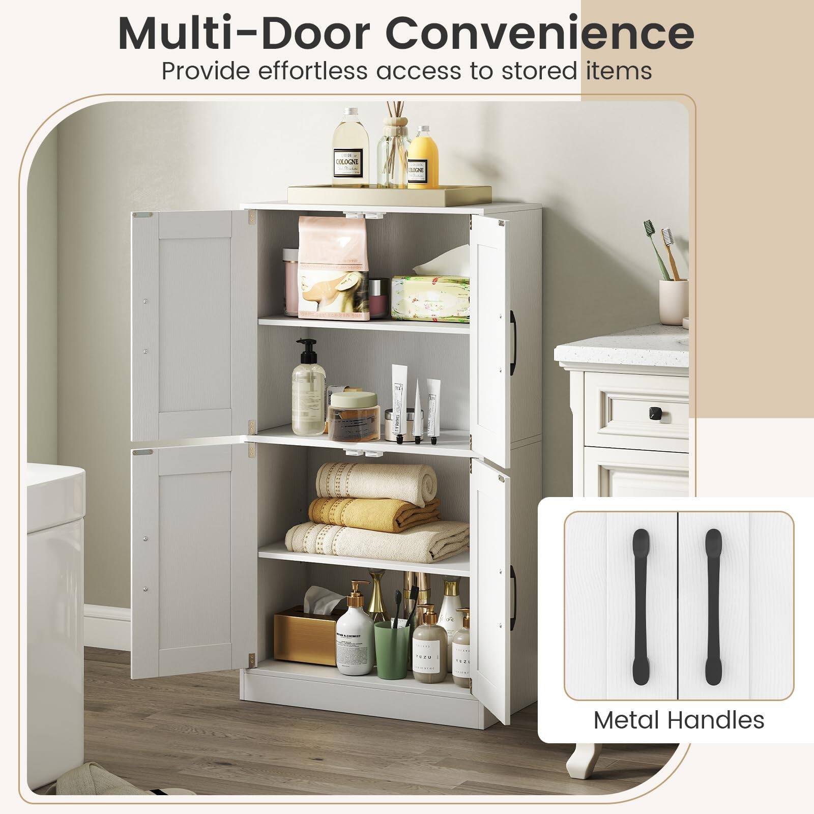 Multi-Door Convenience  
Provide effortless access to stored items  

Metal Handles