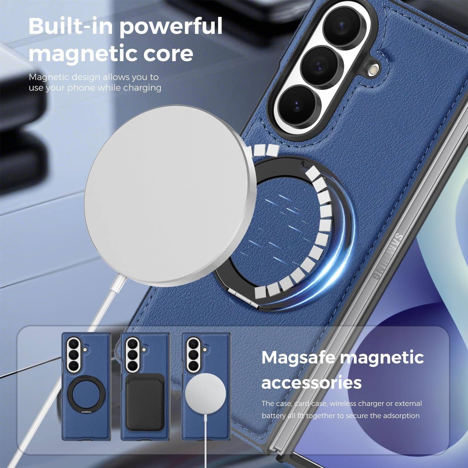 Built-in powerful magnetic core  
Magnetic design allows you to use your phone while charging  

Magsafe magnetic accessories  
The case, card case, wireless charger or external battery all fit together to secure the adsorption