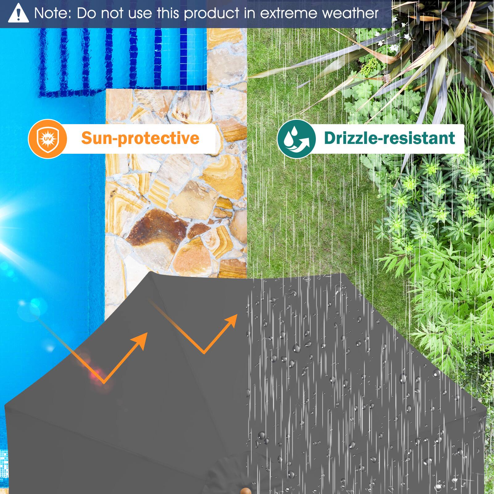 Note: Do not use this product in extreme weather

Sun-protective
Drizzle-resistant