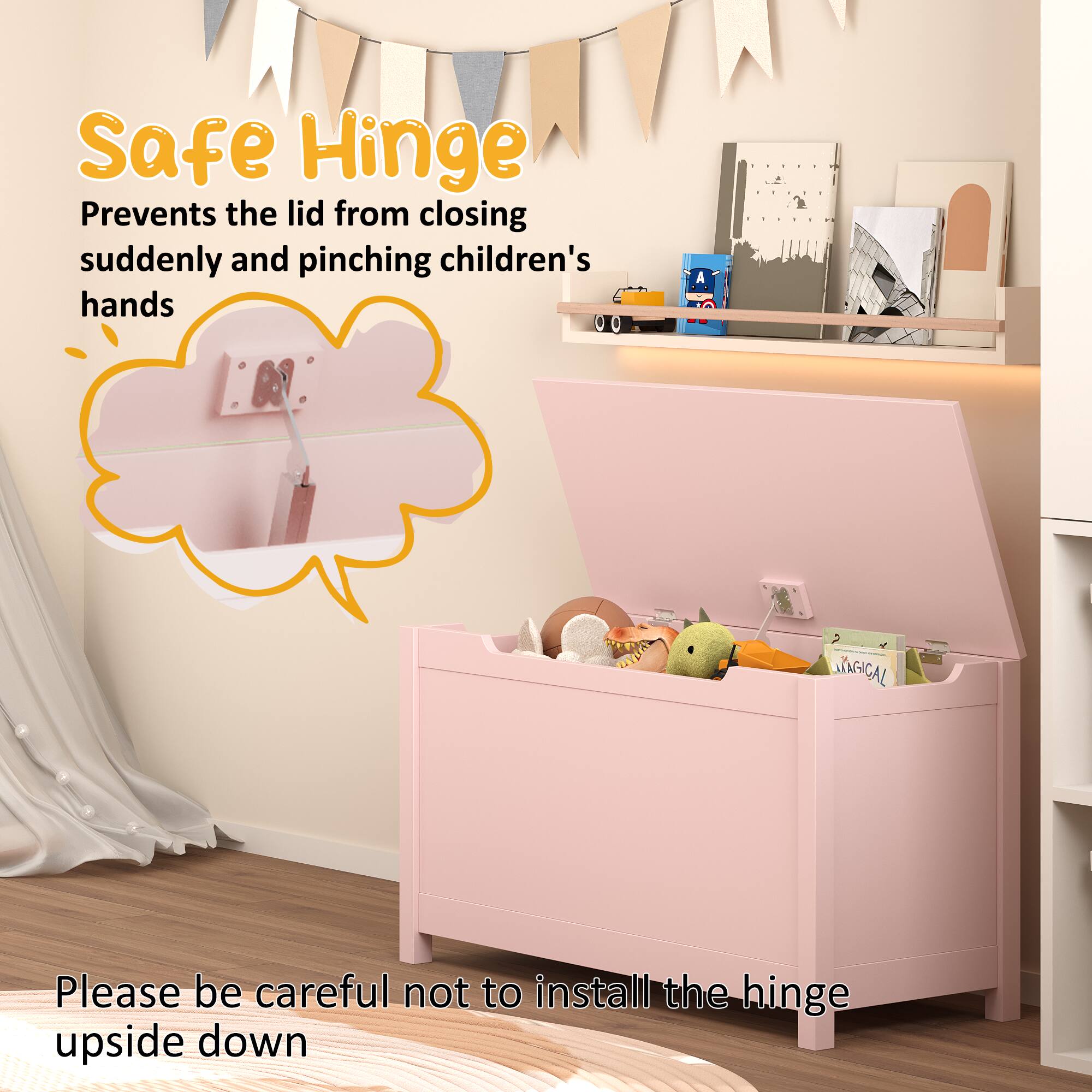 Safe Hinge  
Prevents the lid from closing suddenly and pinching children's hands  

Please be careful not to install the hinge upside down