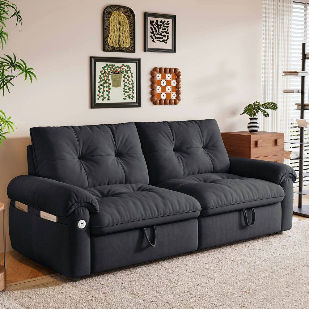 Front. Kadyn - 2-in-1 Velvet Convertible Sofa Bed Loveseat with 600lb Capacity and Cushion Handles - Gray - Gray.