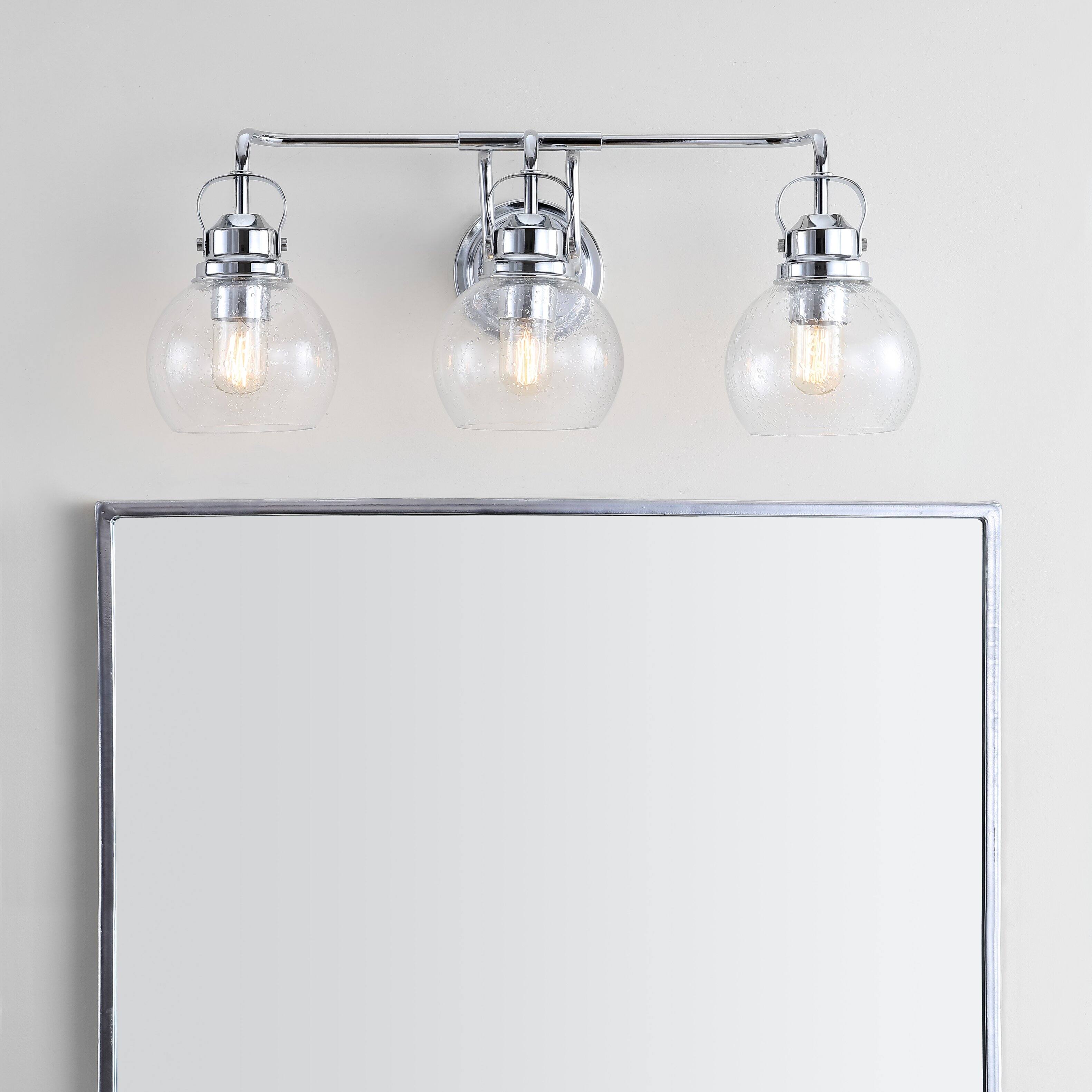 Alt View 1. Jonathan Y - Shirley 24" 3-Light Farmhouse Industrial Metal LED Vanity Light with Seeded Glass Globe Shades, Chrome - Chrome.
