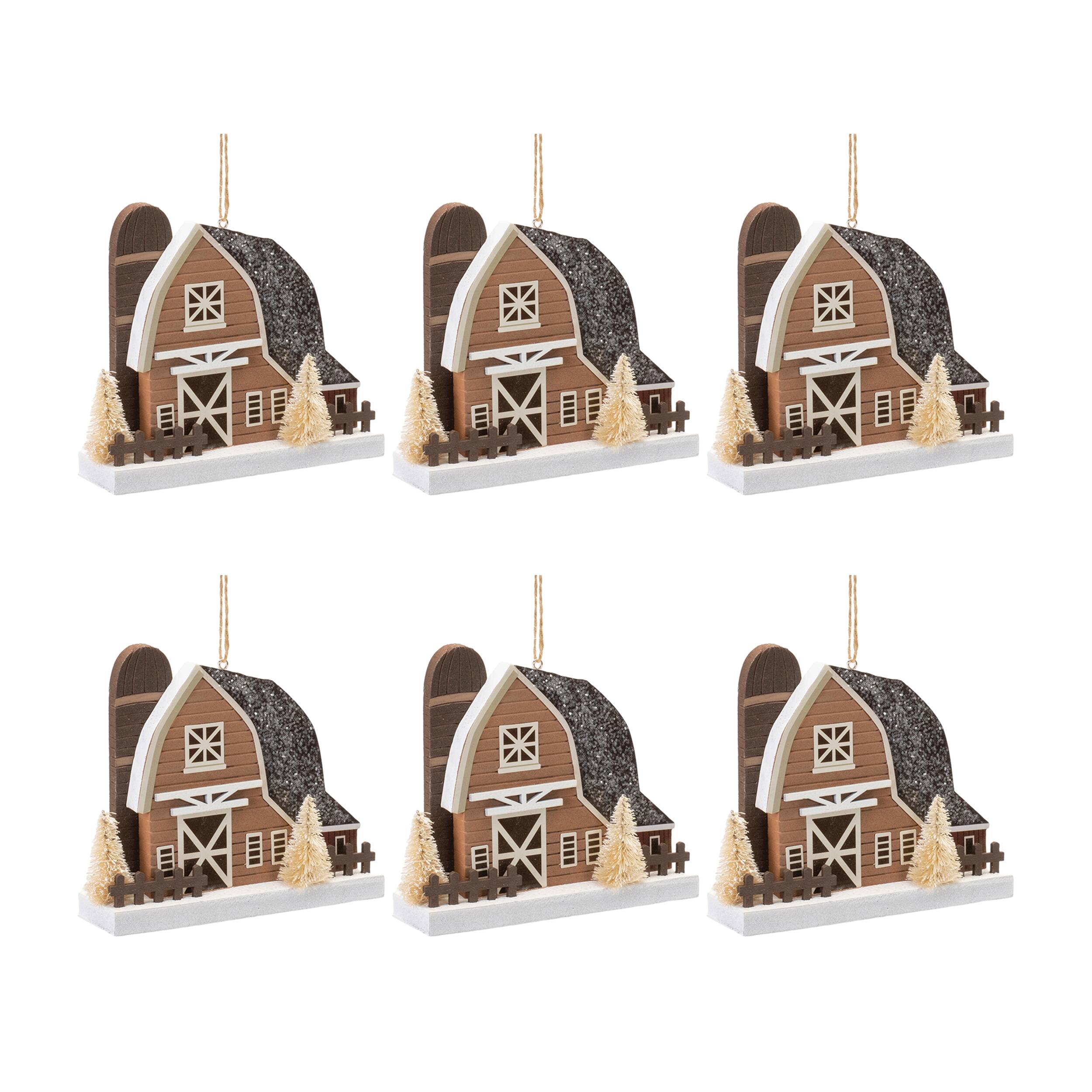 Left. BreeBe - Glittered Barn Ornament (Set of 6) - Brown, White.