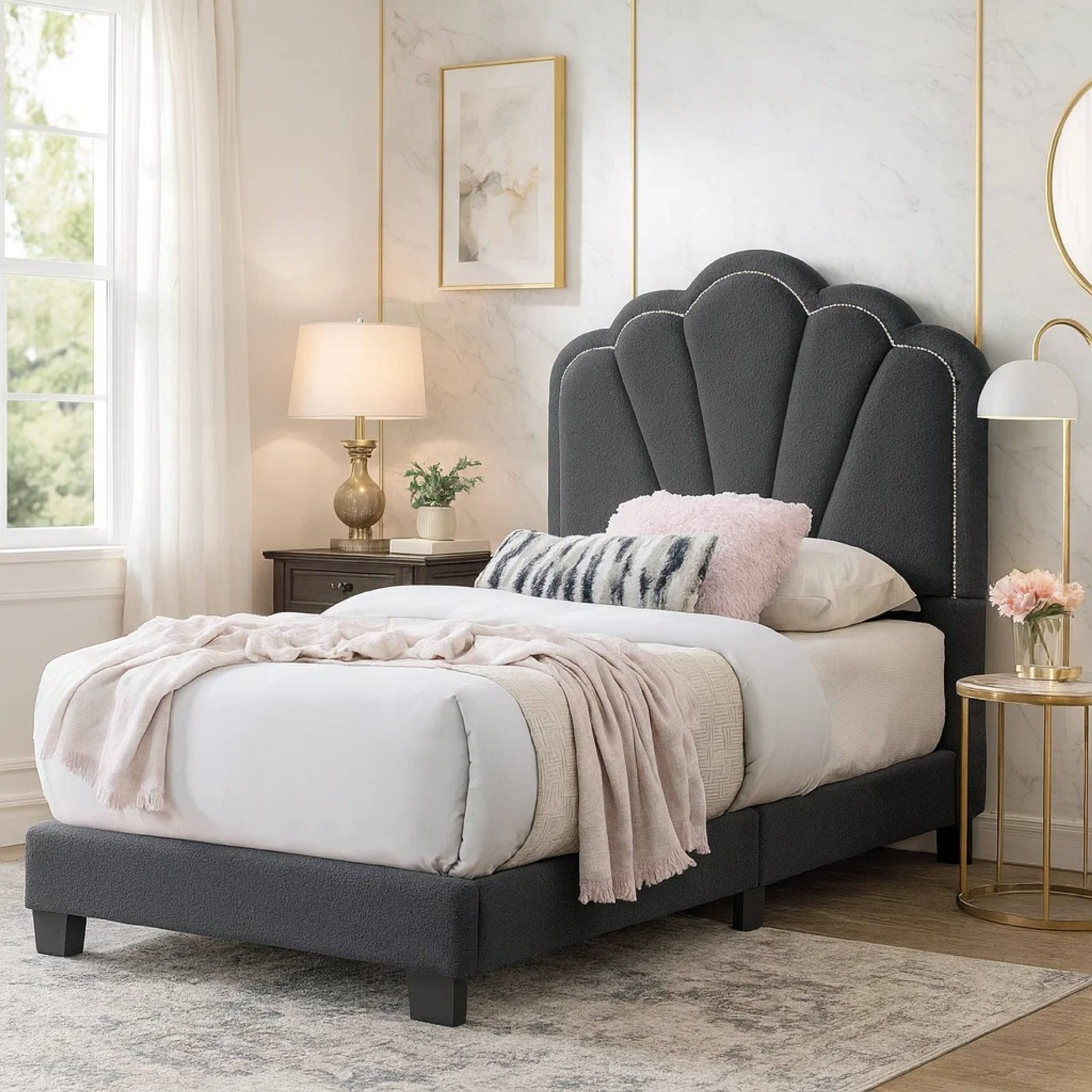 Alt View 5. Manhattan Lane - Roxy Twin Bed, Charcoal Gray Wool, LED Lighting, Padded Headboard - Charcoal Gray, Black.
