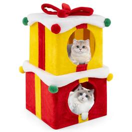 Gymax - 2-Storey Cute Christmas Cat House w/ Bow 2 Condos Indoor Cat Furniture Modern - GYM15507